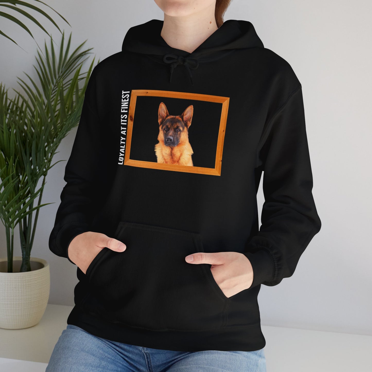 Unisex Dog Lover Hoodie With a German Shepherd's Head Inside a Wooden Frame and Caption Loyalty at its Finest