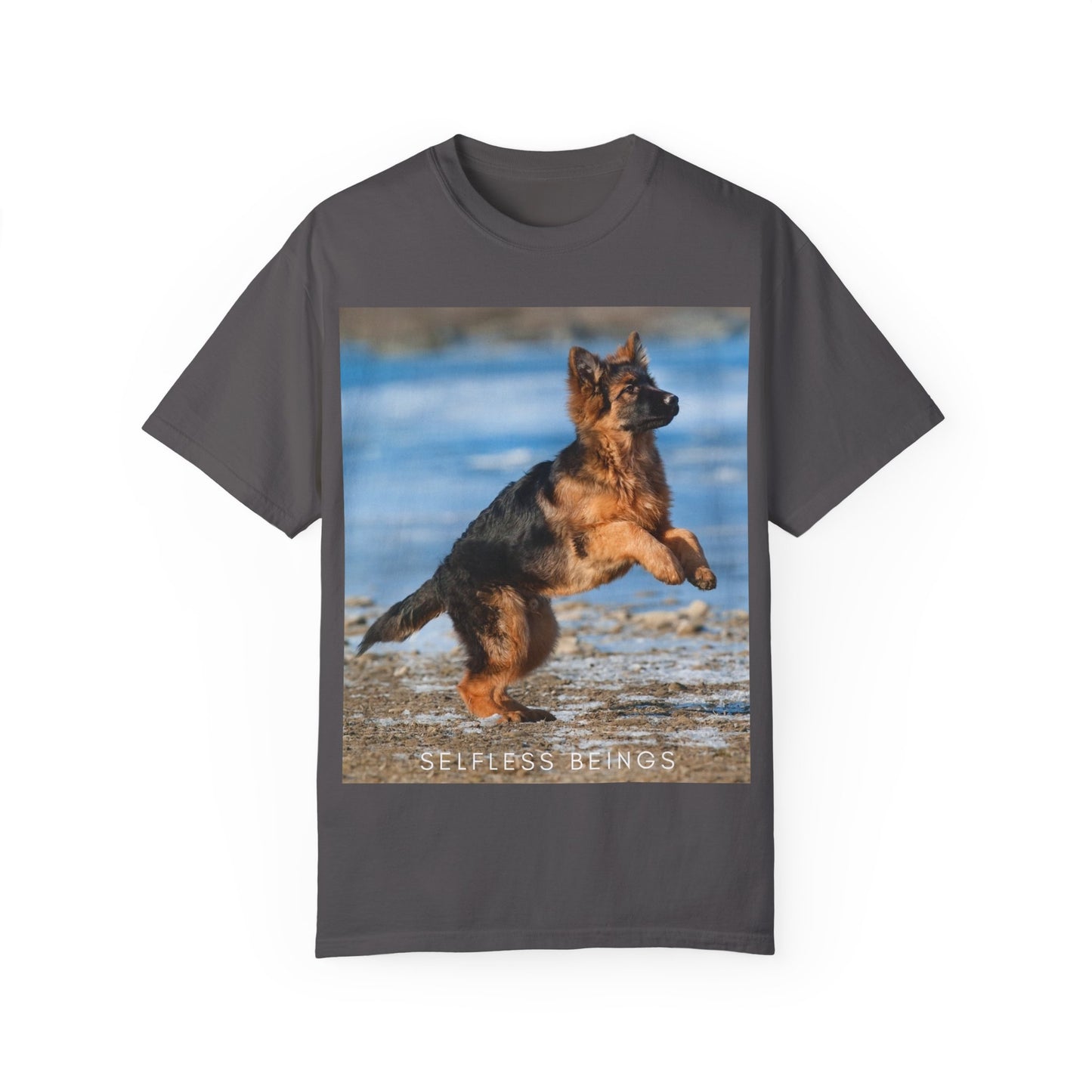 Unisex Dog Lover T-Shirt With Gorgeous German Shepherd Puppy Standing on Back Legs at Seashore and Caption Selfless Beings