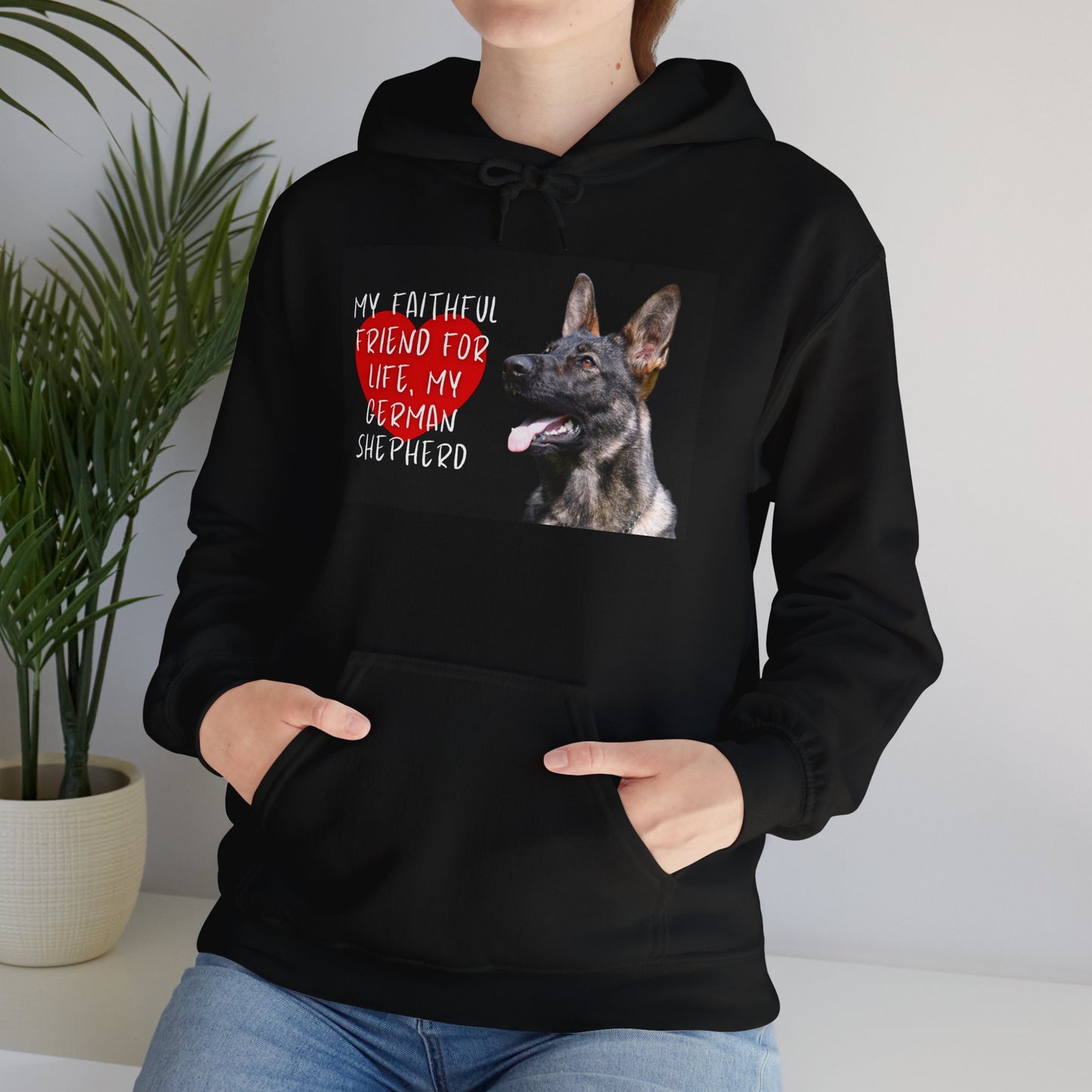 Unisex Dog Lover Hoodie With a Working Line German Shepherd and Caption Faithful Friend on Top of Red Heart