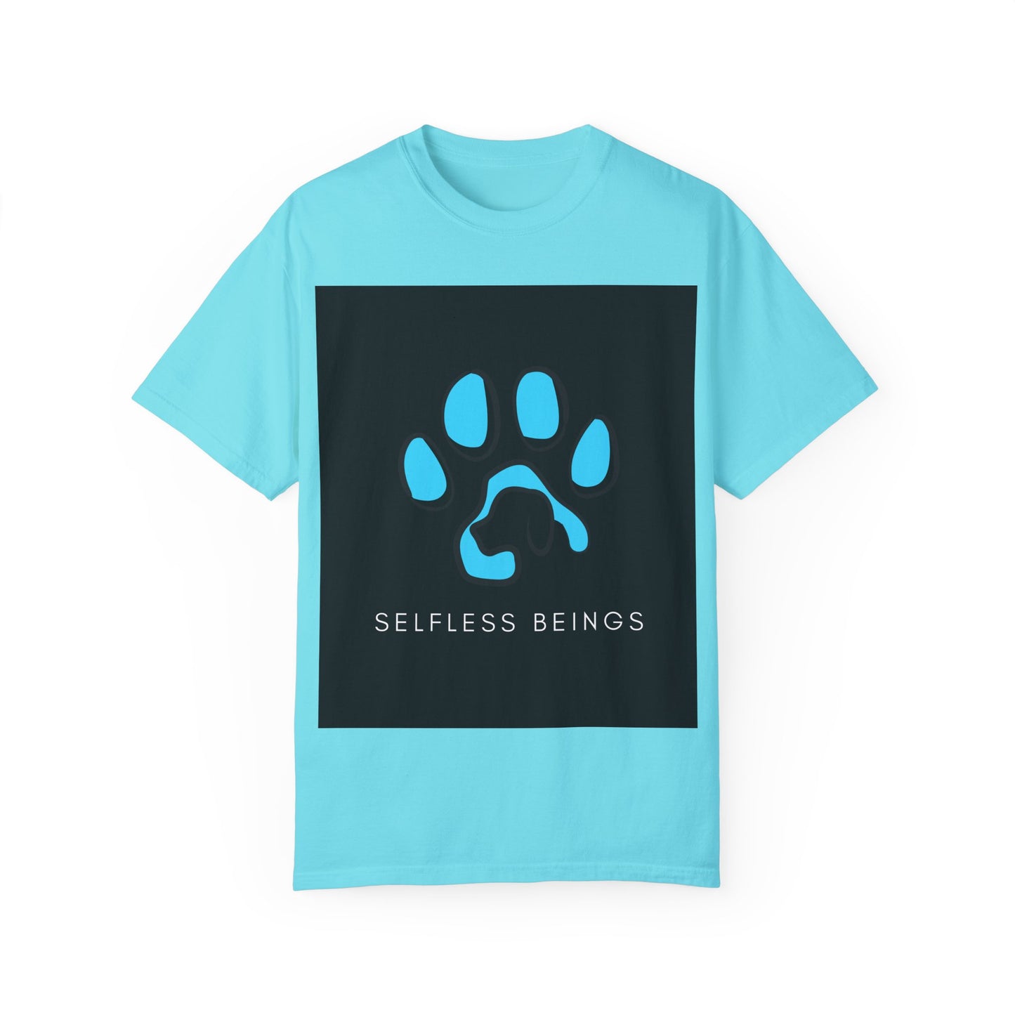 Unisex Dog Lover T-Shirt With Graphic of Blue Colored Dog Paw's Print Whose Metacarpal Contains a Design of Black Dog and Caption Selfless Beings Below