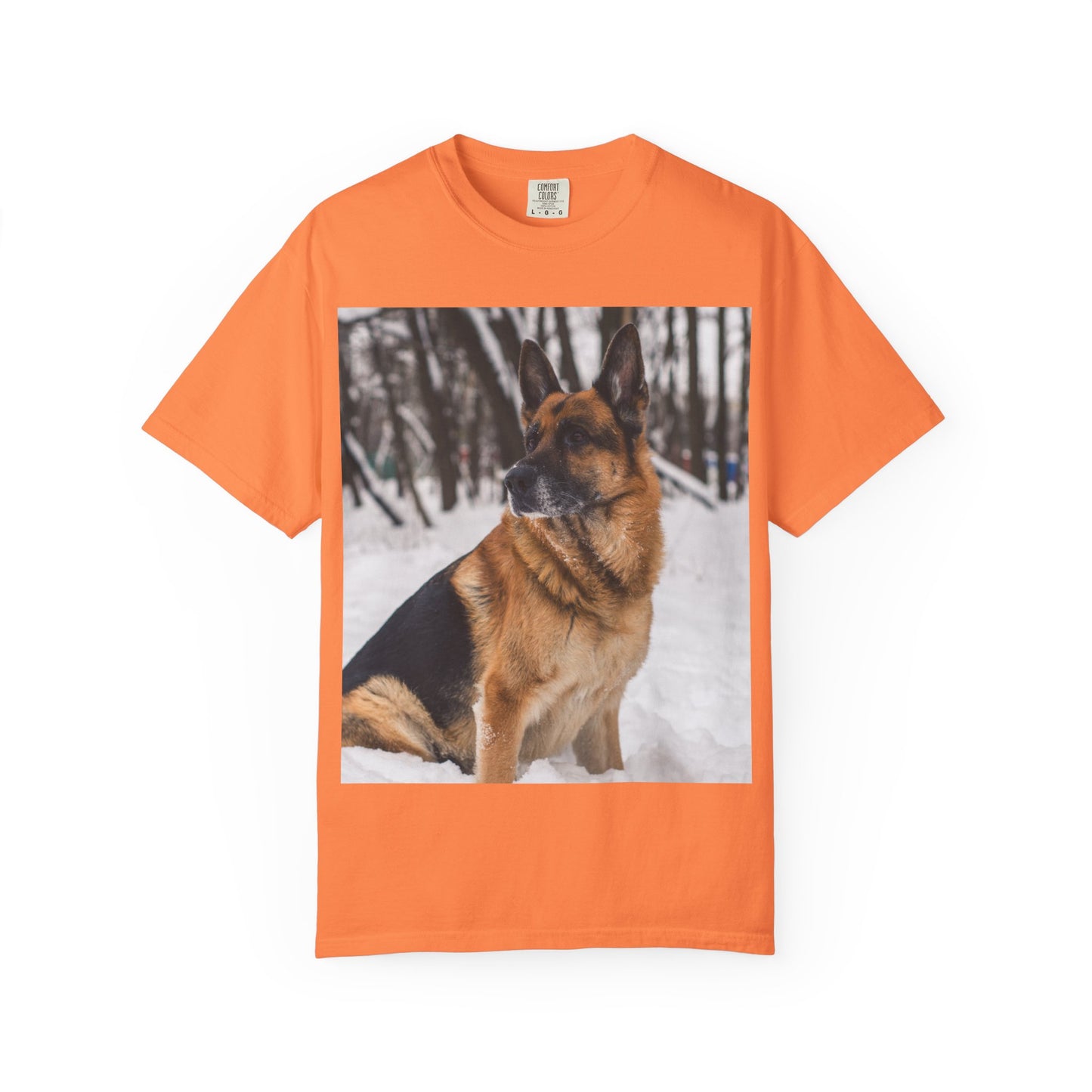 Unisex Dog Lovers T-Shirt Featuring a Beautiful German Shepherd Sloppily Sitting on the Snow