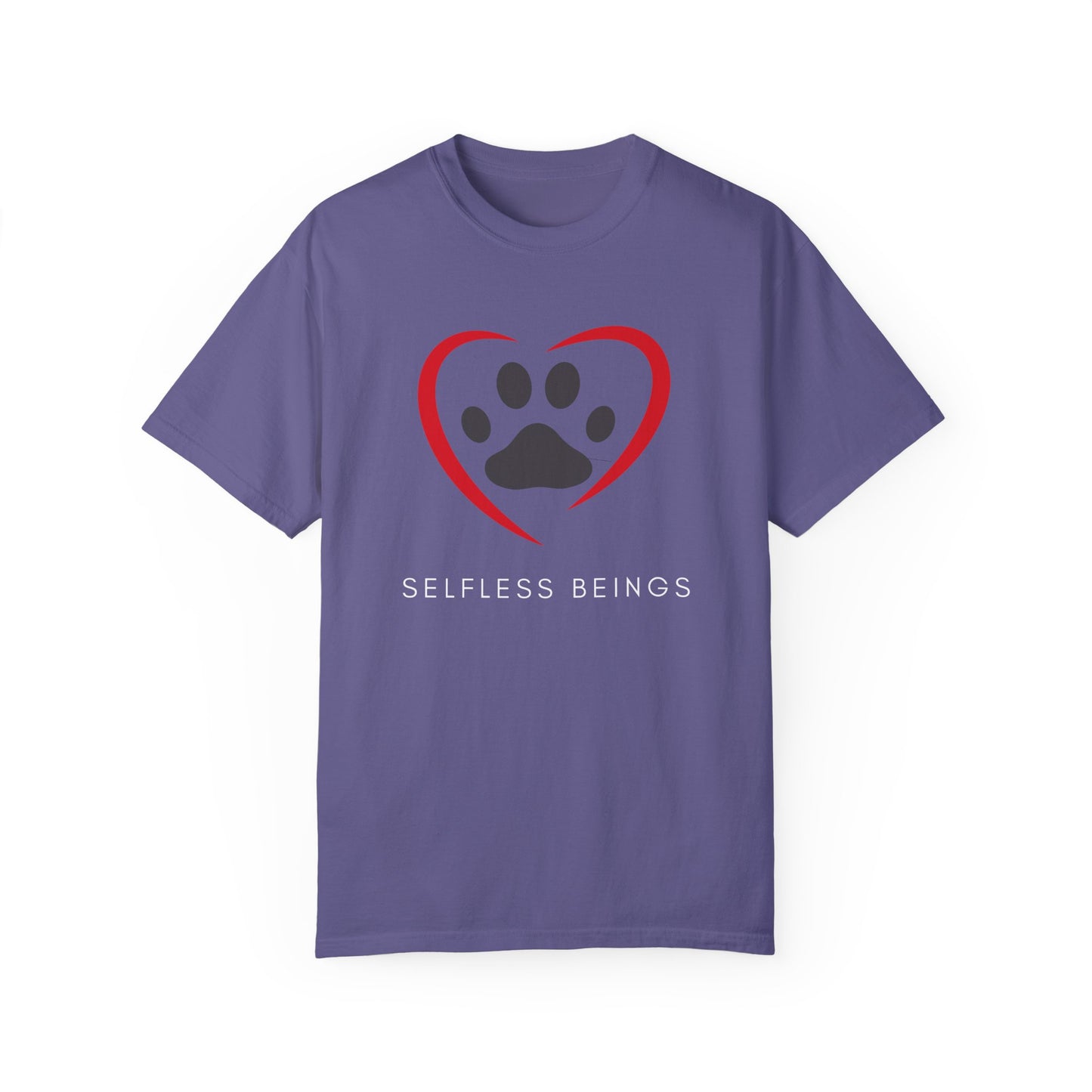 Unisex Dog Lover T-Shirt With Graphic of Curvy Heart Boundaries Contain Dog Paw Print and Caption Selfless Beings Below