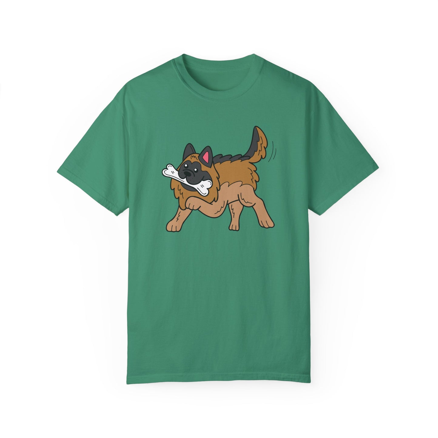 Unisex Dog Lover T-Shirt With a Graphic of a German Shepherd Holding a White Bone in Mouth