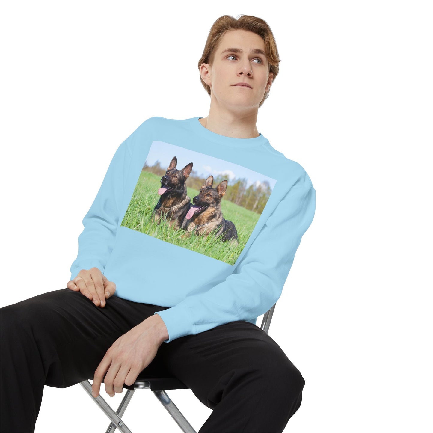 Unisex Dog Lover Sweatshirt With Two Giant German Shepherds Lying on the Grass With Tongues Out