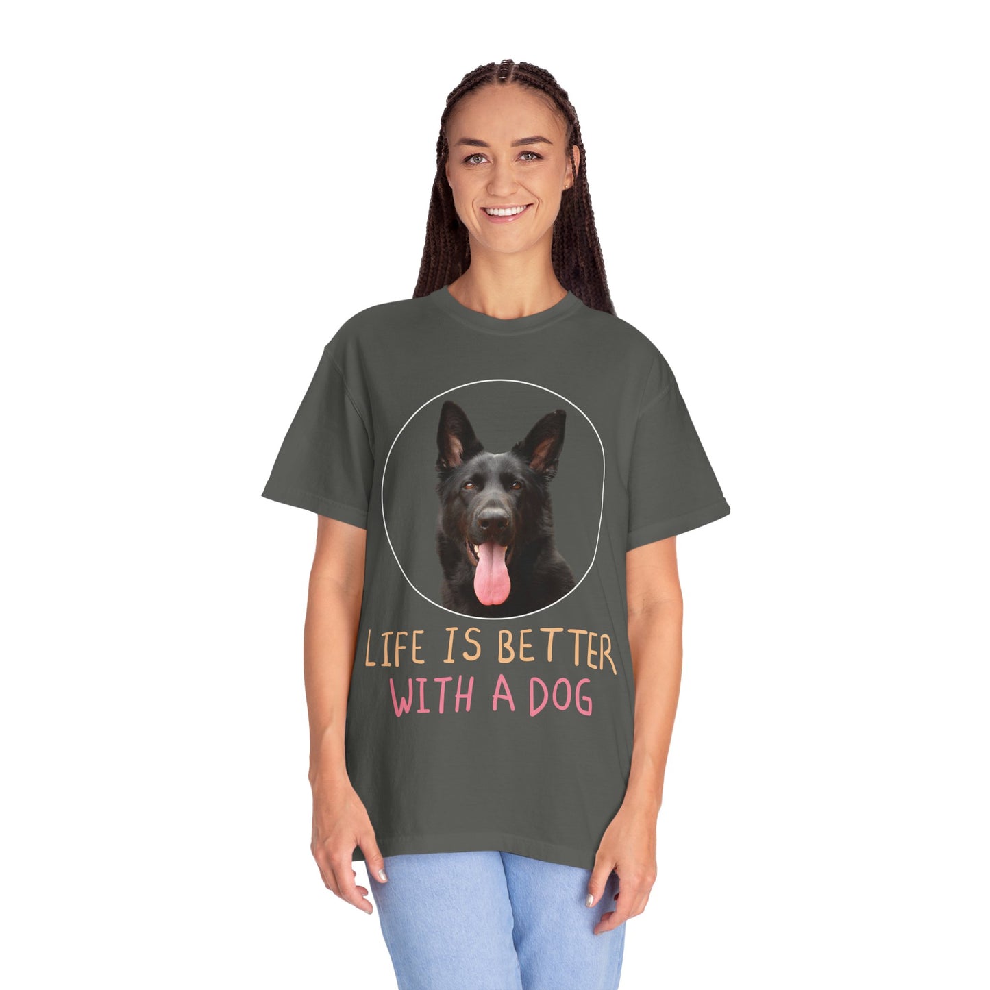 Unisex Dog Lover T-Shirt With Black German Shepherd Leaving Tongue Out and Caption Life is Better With A Dog