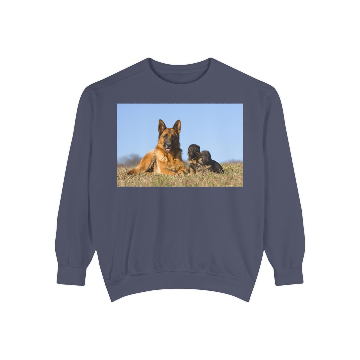 Unisex Dog Lover Sweatshirt With a German Shepherd Lying on the Grass With Two Puppies