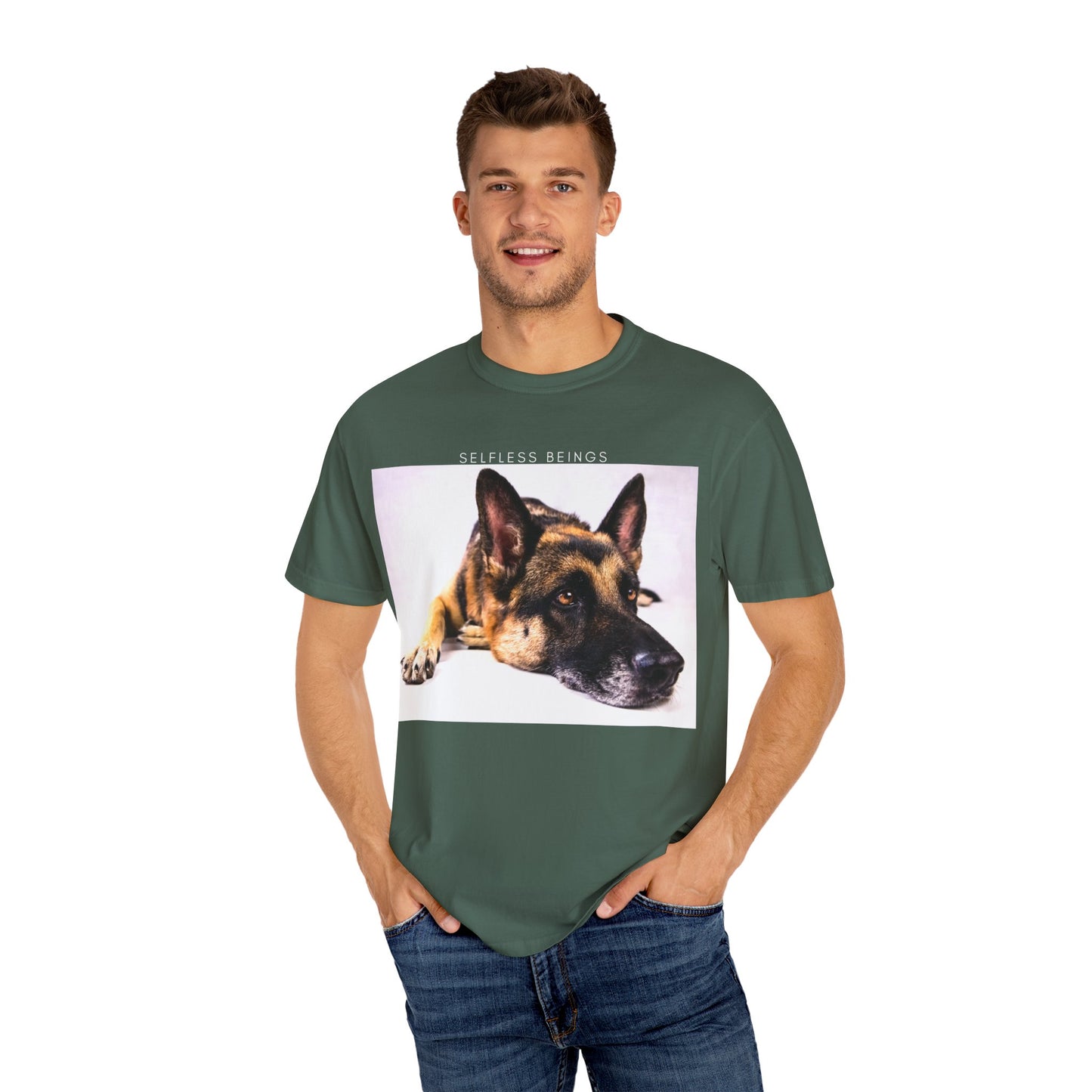 Unisex Dog Lover T-Shirt With Close Up of Bored German Shepherd Laying His Head On the Floor and Caption Selfless Beings