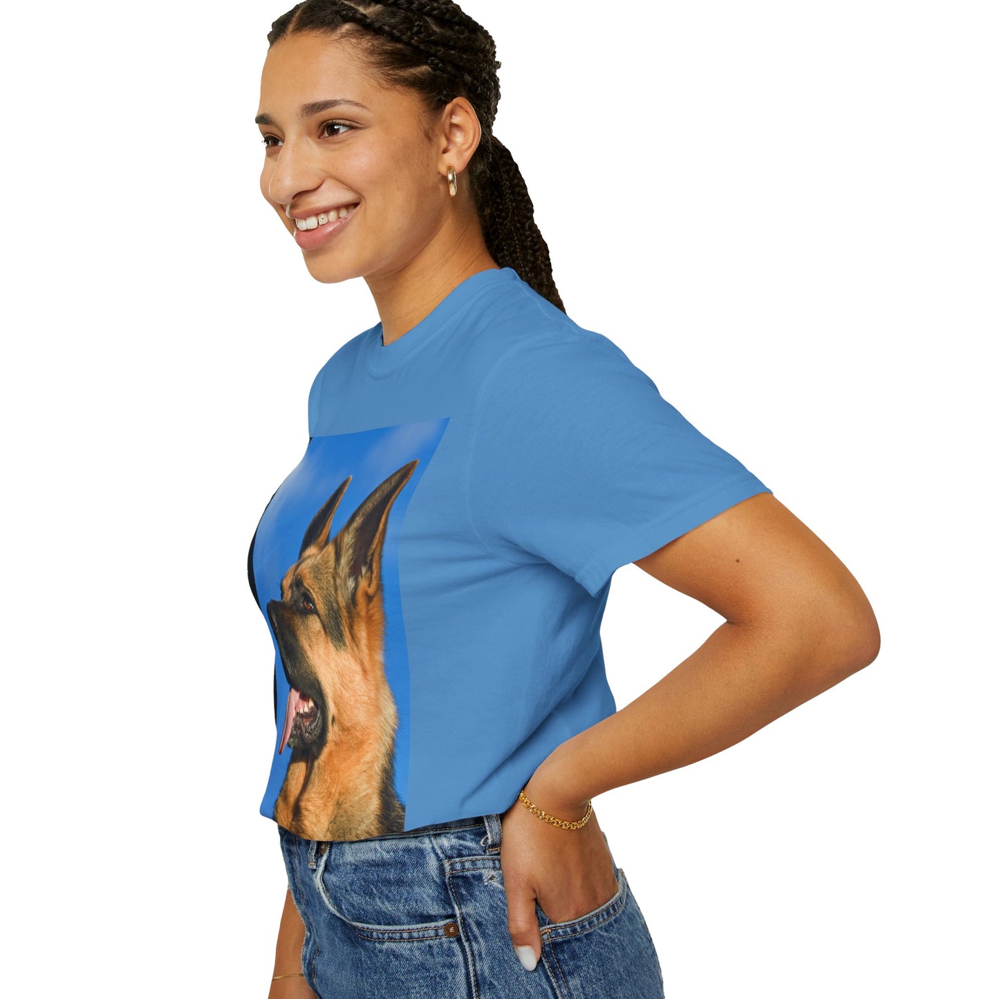 Unisex Dog Lover T-Shirt With Close Up of German Shepherd, Blue Sky in Background and Caption Selfless Beings