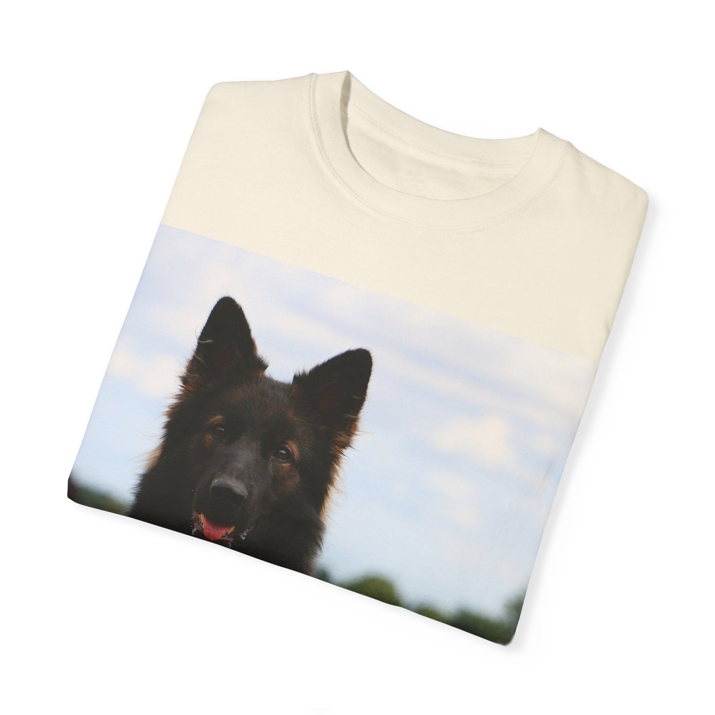 Unisex Dog Lover T-Shirt With Beautiful German Shepherd Sitting Over a Stover and Caption Selfless Beings