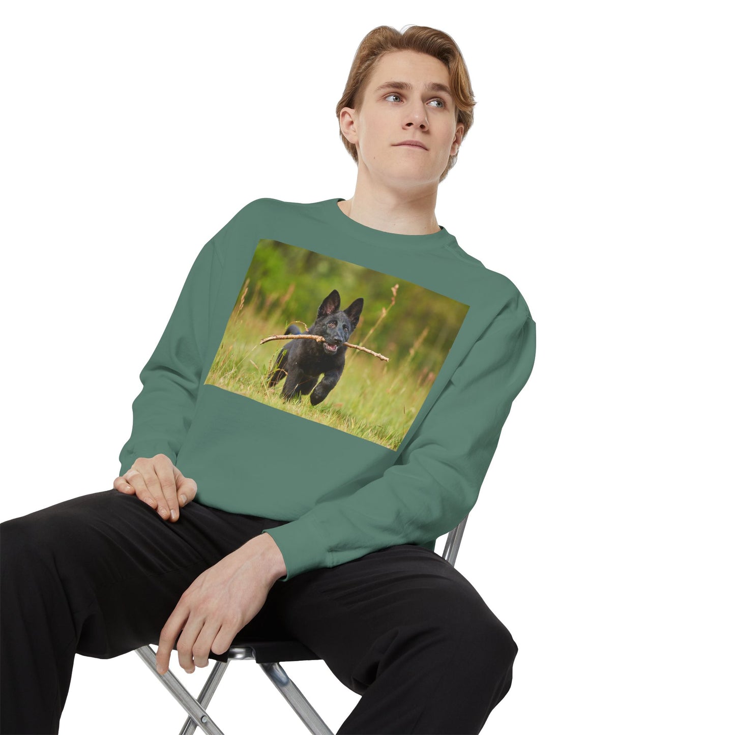 Unisex Dog Lover Sweatshirt With Black German Shepherd Puppy Running on the Grass Holding a Stick in the Mouth