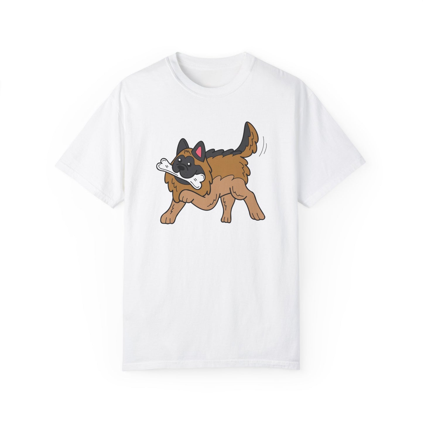 Unisex Dog Lover T-Shirt With a Graphic of a German Shepherd Holding a White Bone in Mouth