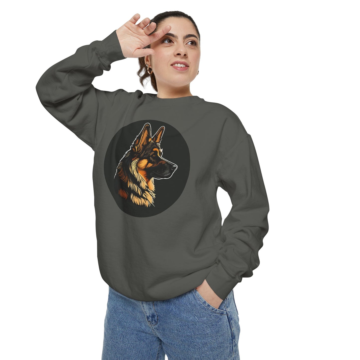 Unisex Dog Lover Sweatshirt With a Close Up Graphic of a German Shepherd Inside a Black Circle