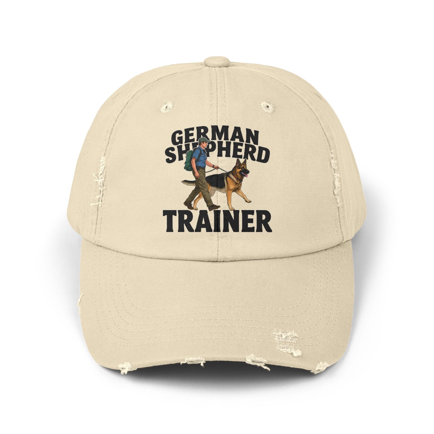 Unisex Distressed Cap Featuring a Trainer Leading German Shepherd, Dog Trainer Gift