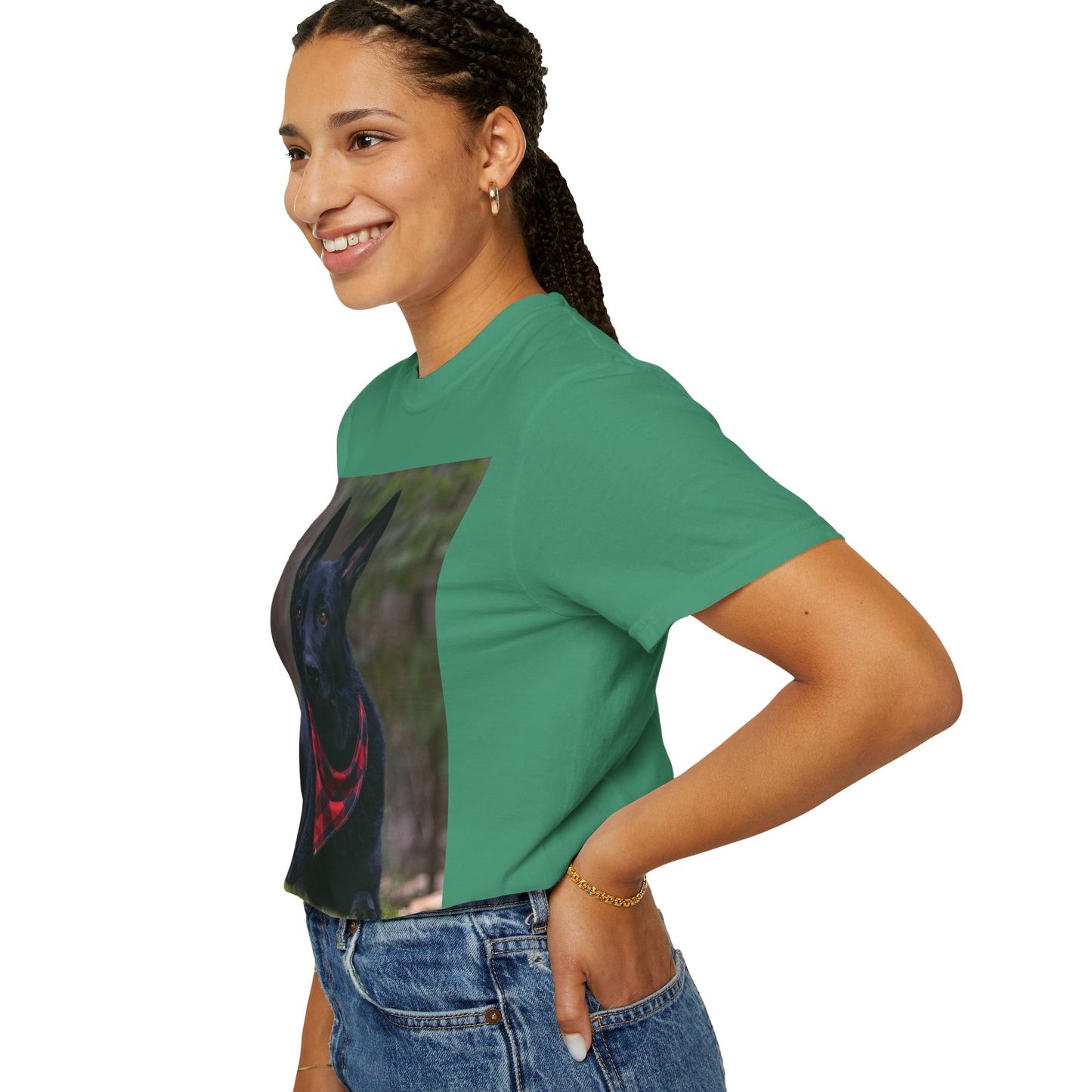 Unisex Dog Lover T-Shirt With a Solid Black German Shepherd Wearing a Red Romal Sitting and Caption Selfless Beings