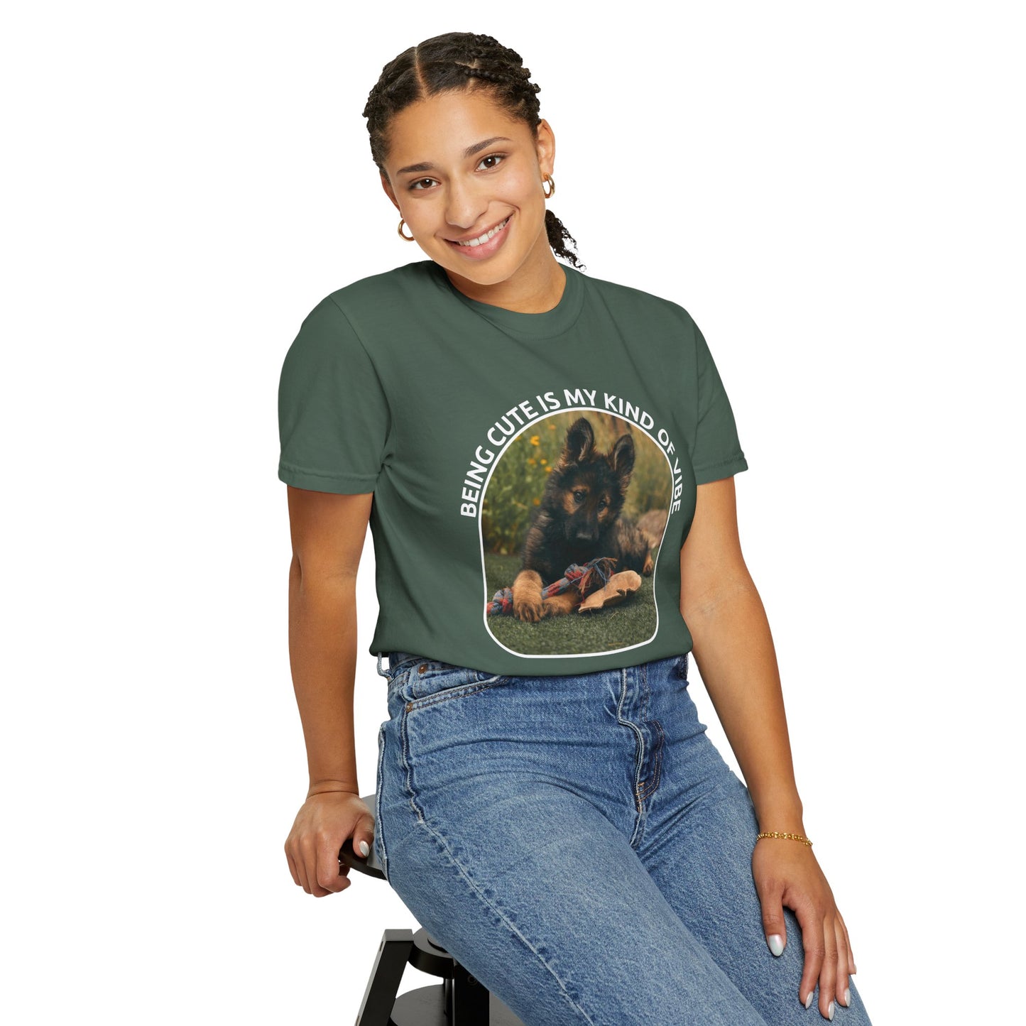 Unisex Dog Lover's T-Shirt With a German Shepherd Puppy and Caption Being Cute is My Kind of Vibe