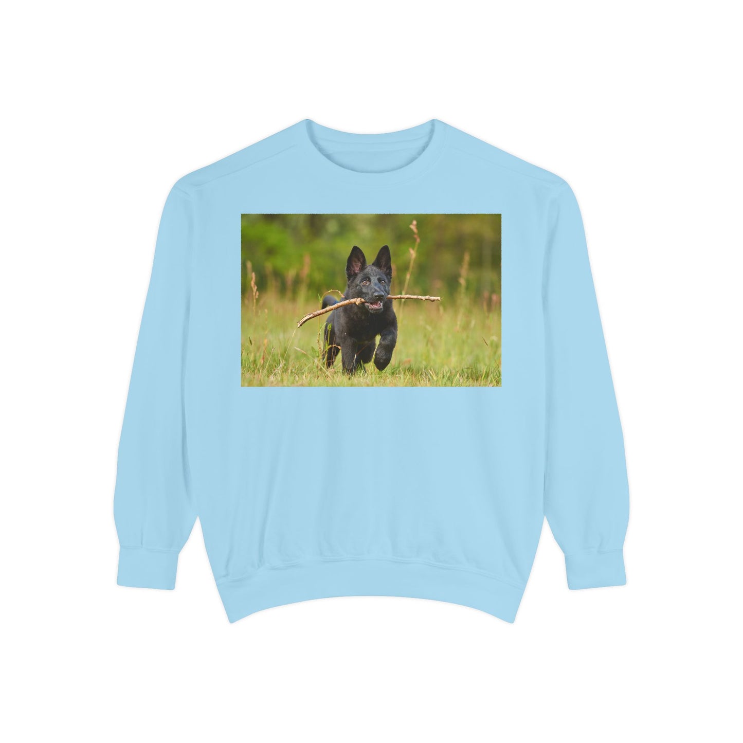 Unisex Dog Lover Sweatshirt With Black German Shepherd Puppy Running on the Grass Holding a Stick in the Mouth