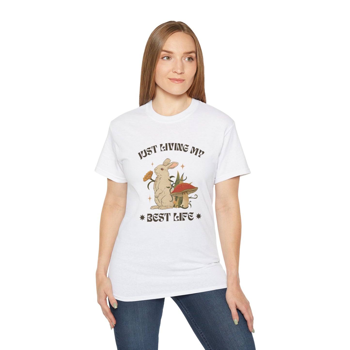 Unisex Ultra Cotton Tee - Just Living My Best Life Bunny Design, Cute Rabbit Shirt, Gift for Animal Lovers, Spring Fashion