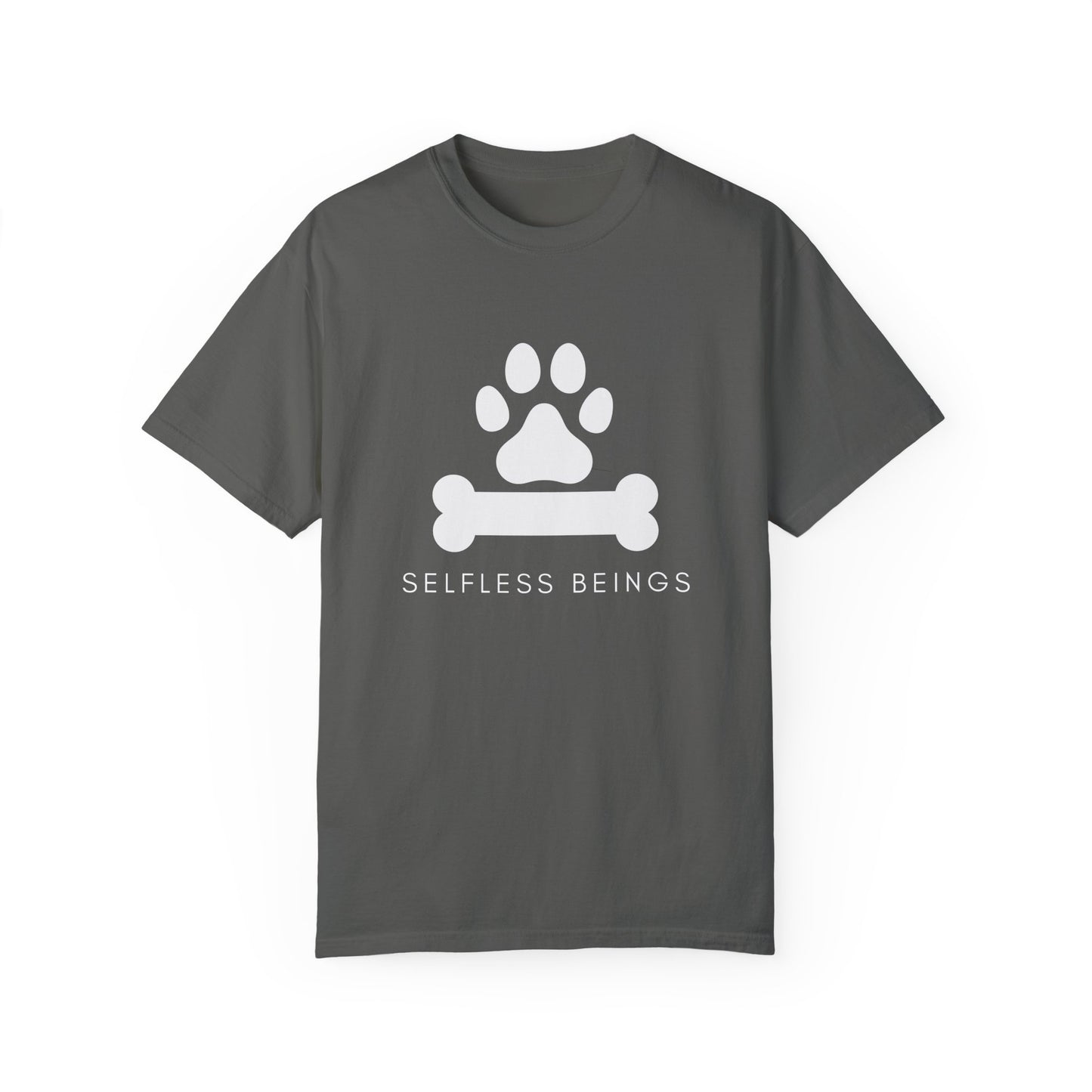 Unisex Dog Lover T-Shirt With Graphic of Dog Bone and Paw and Caption Selfless Beings