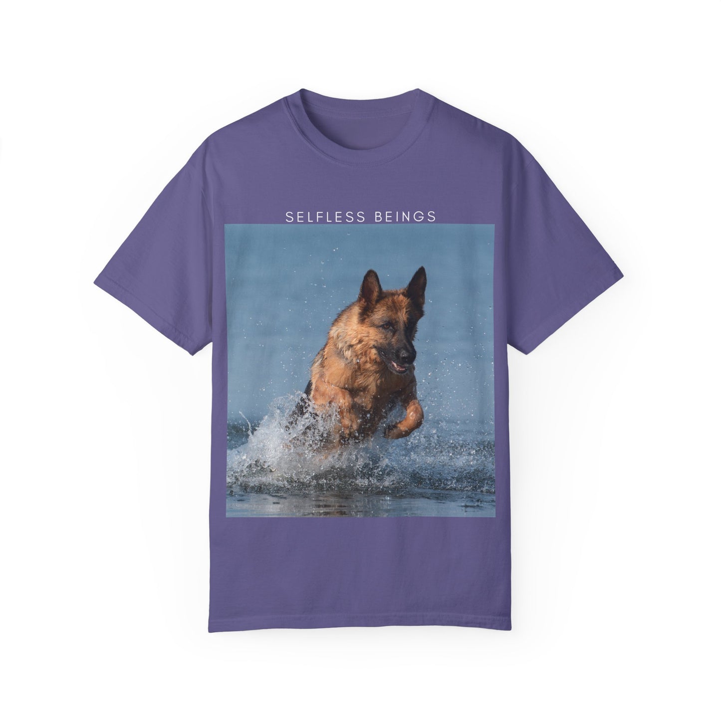 Unisex Dog Lover T-Shirt With Showline German Shepherd Swimming in the Sea and Caption Selfless Beings on Top