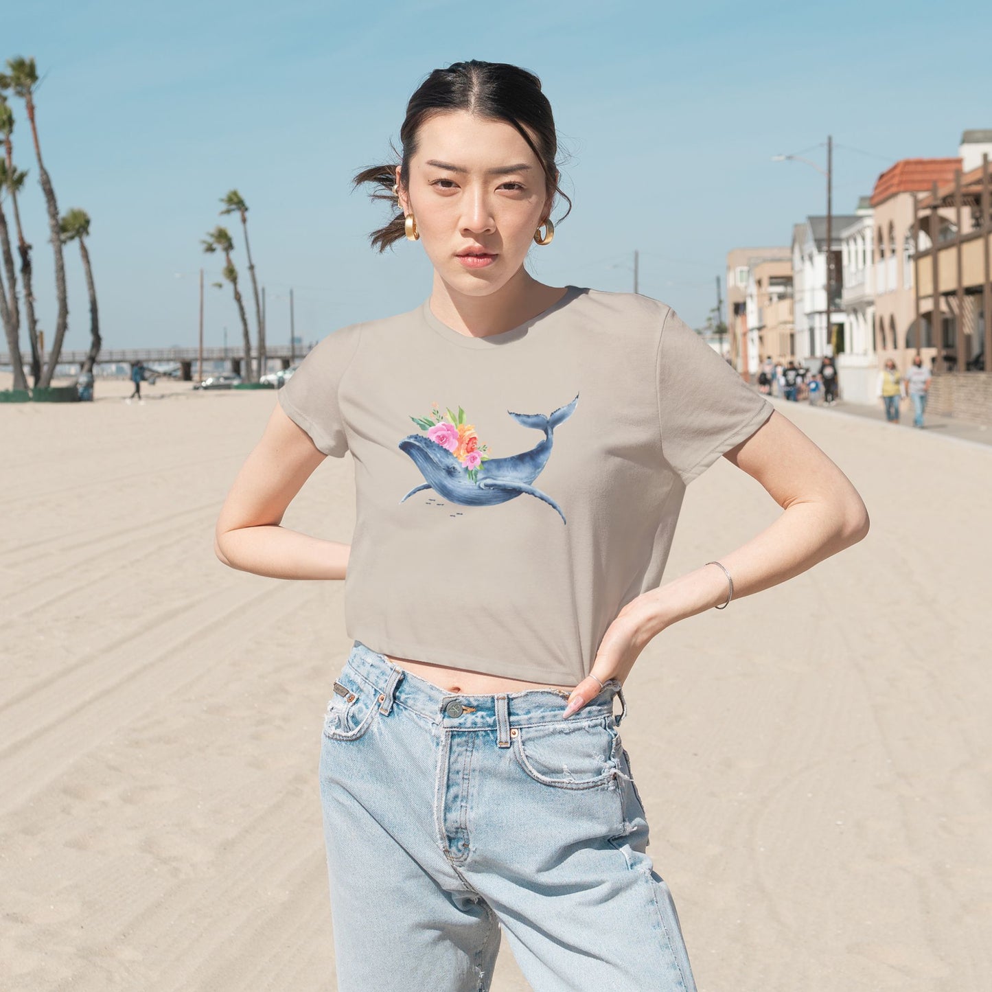 Whale Floral Cropped Tee - Ocean Lover's Shirt, Beachwear, Nature Gift, Casual Top, Summer Wardrobe