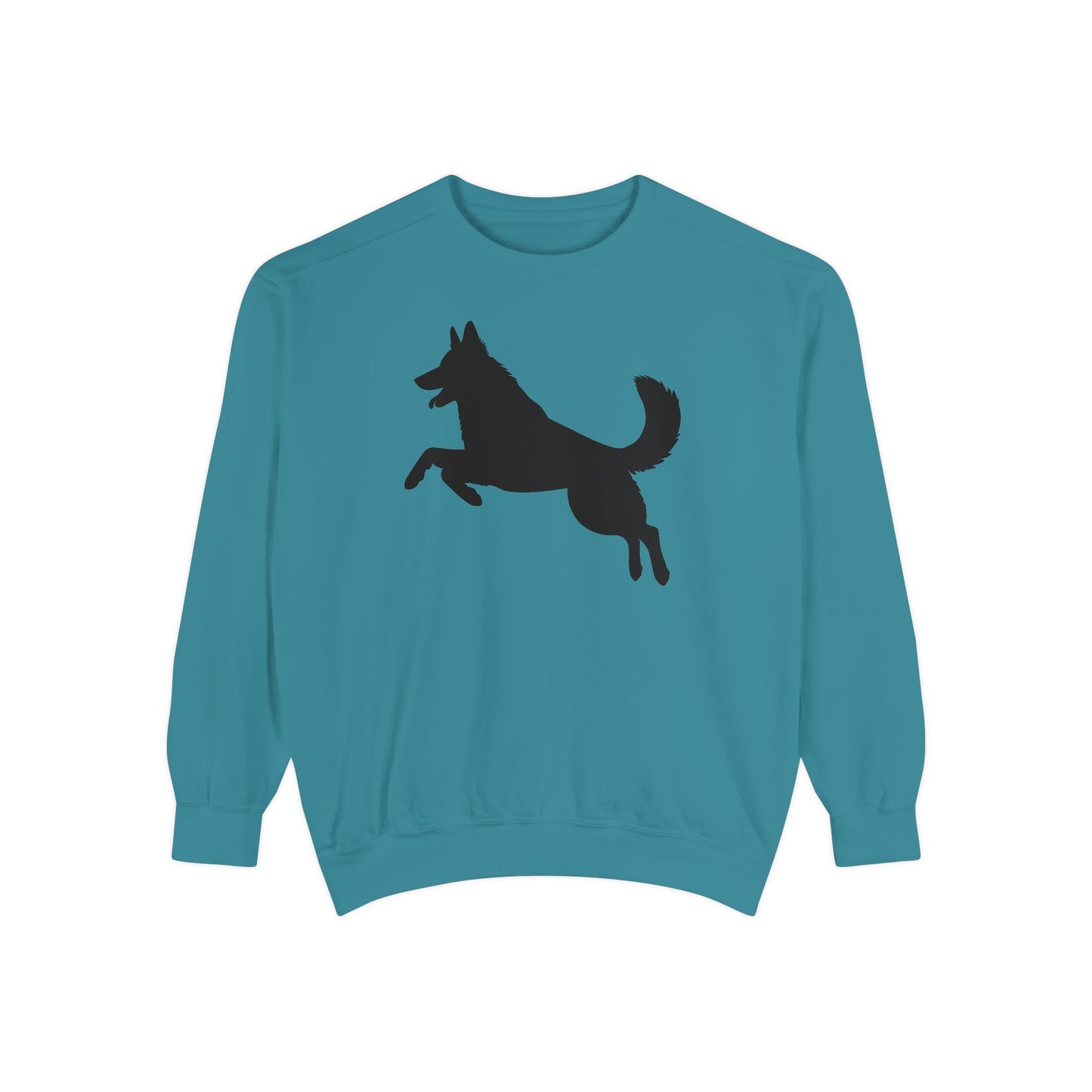 Unisex Dog Lover Sweatshirt With a Graphic of Solid Black German Shepherd Jumping in the Air