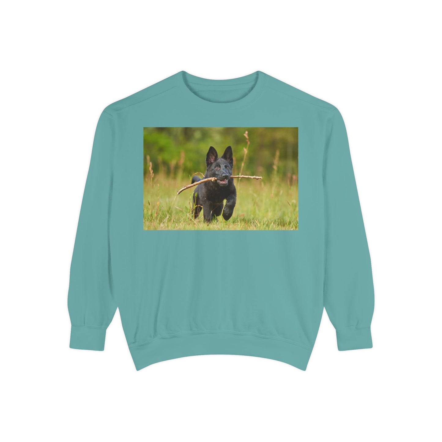 Unisex Dog Lover Sweatshirt With Black German Shepherd Puppy Running on the Grass Holding a Stick in the Mouth