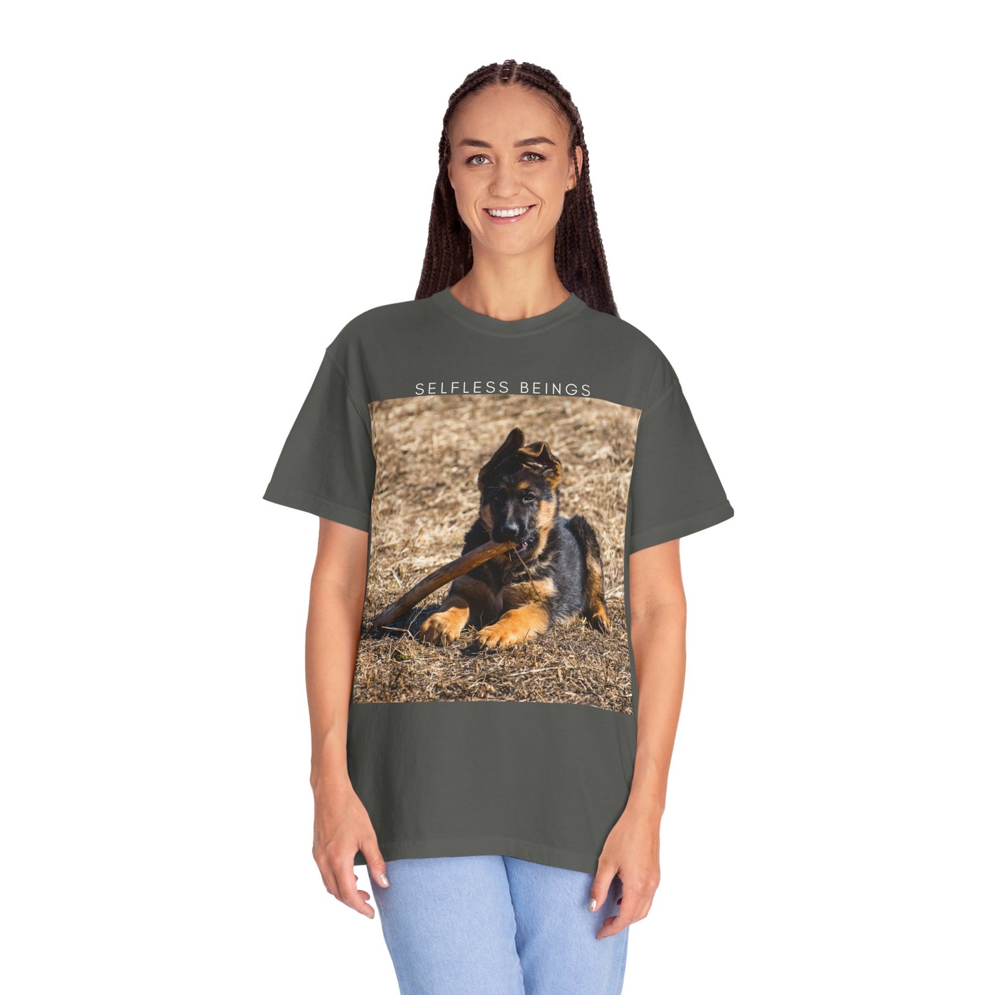 Unisex Dog Lover T-Shirt With a German Shepherd Puppy Playing With Wooden Stick on Dry Grass and Caption Selfless Beings