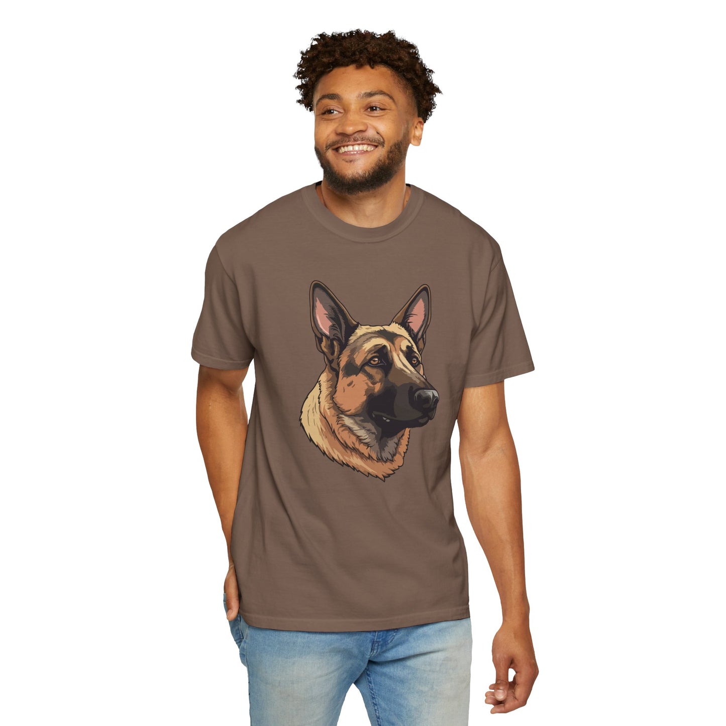Unisex Dog Lover T-Shirt With a Close Up Graphic of Serious German Shepherd