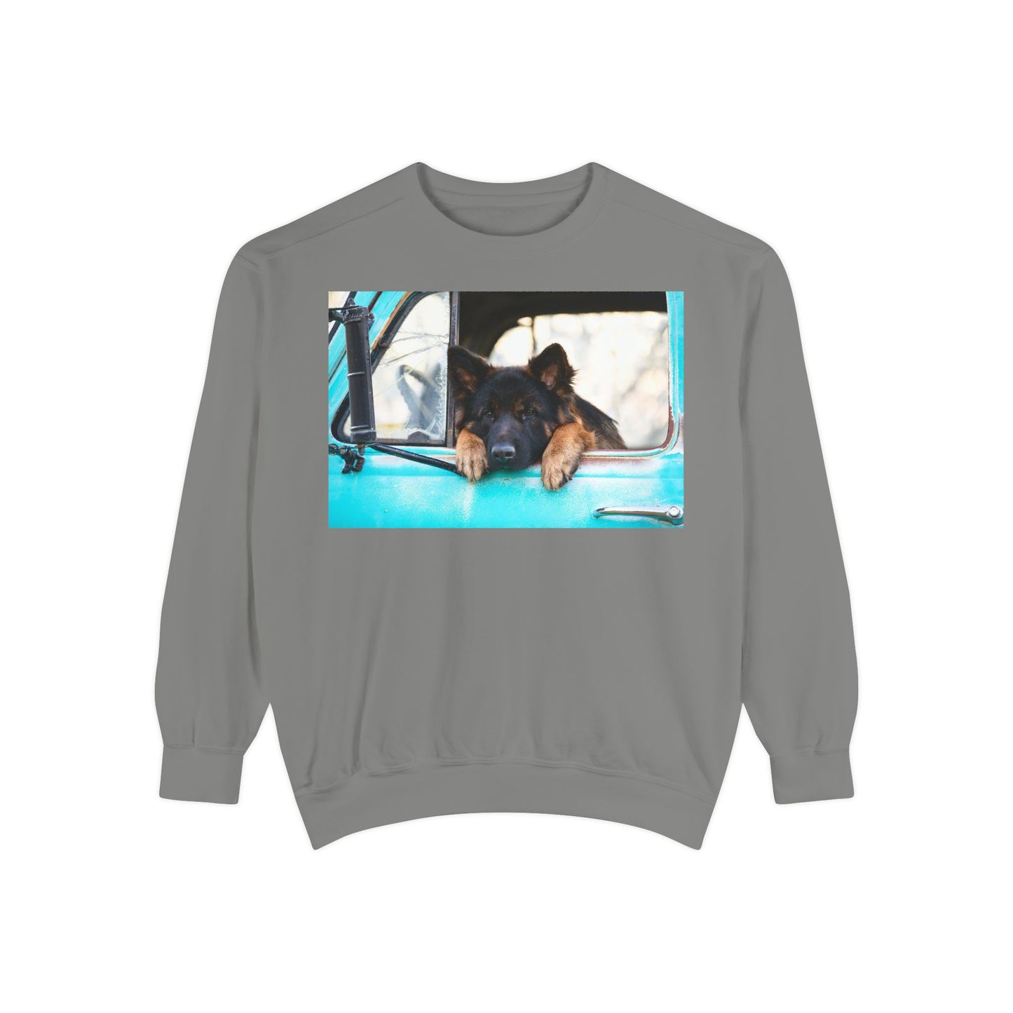 Unisex Dog Lover Sweatshirt With a German Shepherd Puppy Putting His Head and Front Legs On The Truck Seat's Window