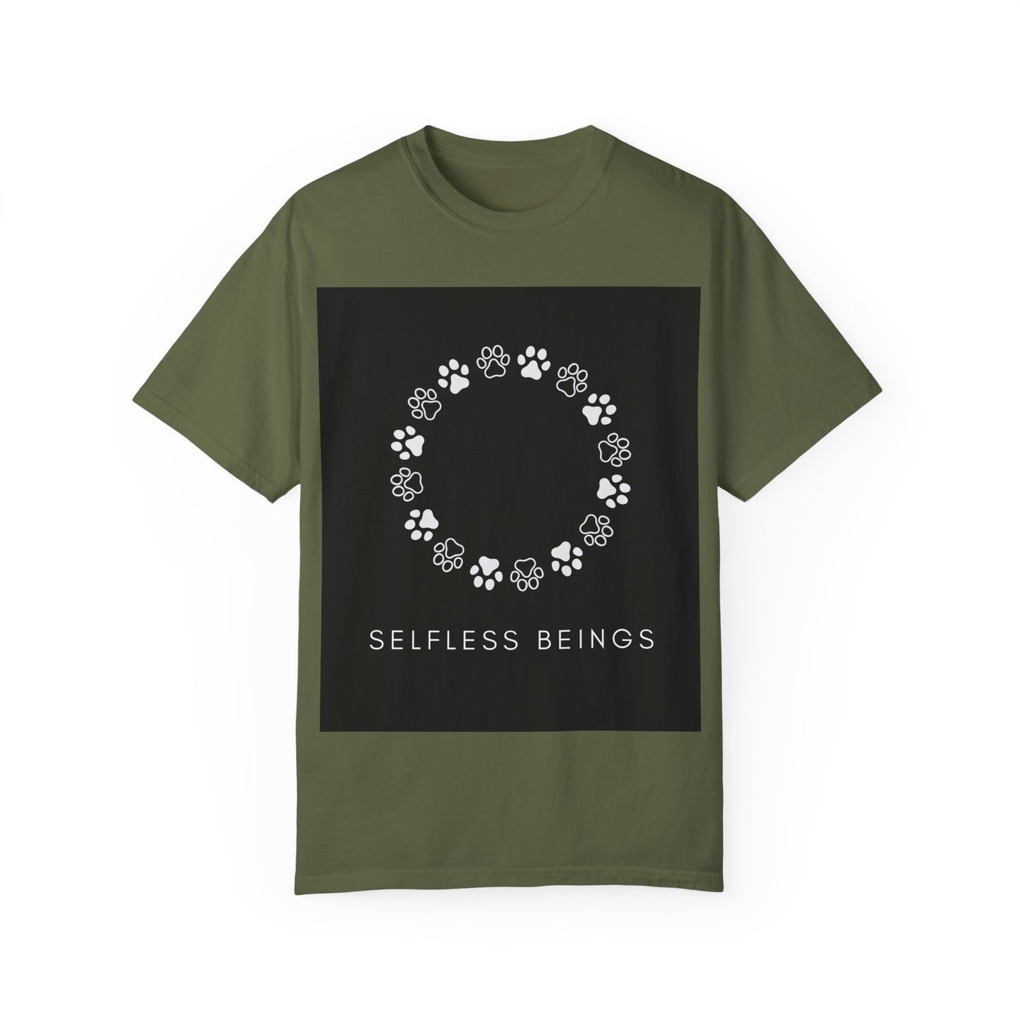 Unisex Dog Lover T-Shirt With Circular Frame Made of Dog Paw Prints and Caption Selfless Beings