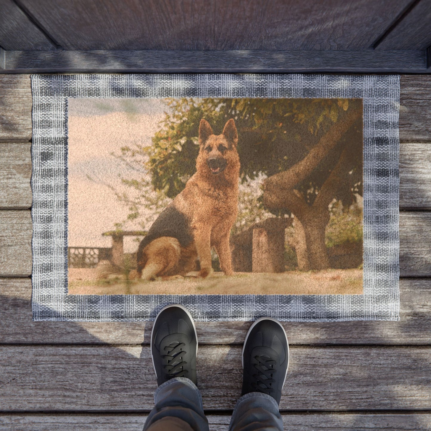 Personalized Doormat Featuring a Beautiful German Shepherd Sloppily Sitting in the Park