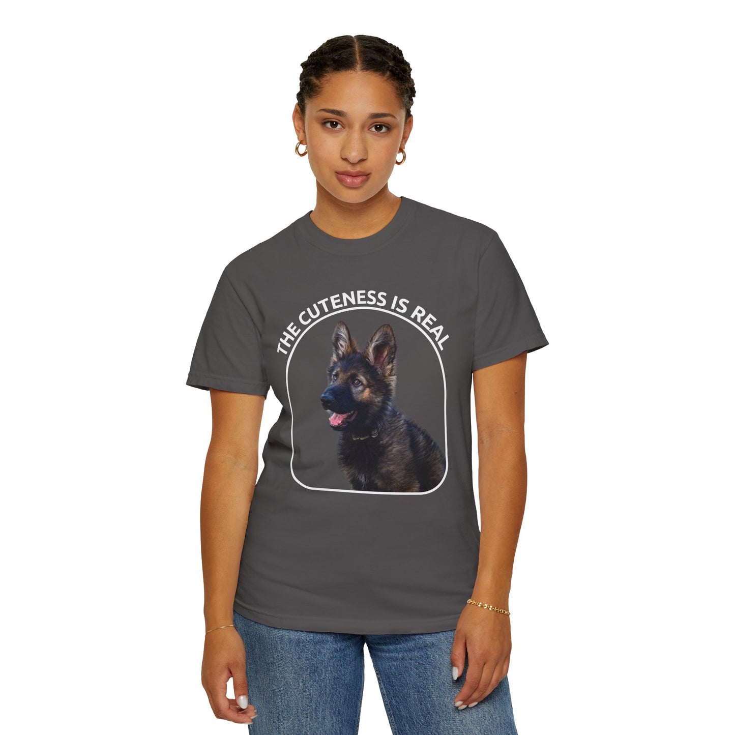 Unisex Dog Lover's T-Shirt With German Shepherd Puppy Sloppily Sitting and Caption The Cuteness Is Real
