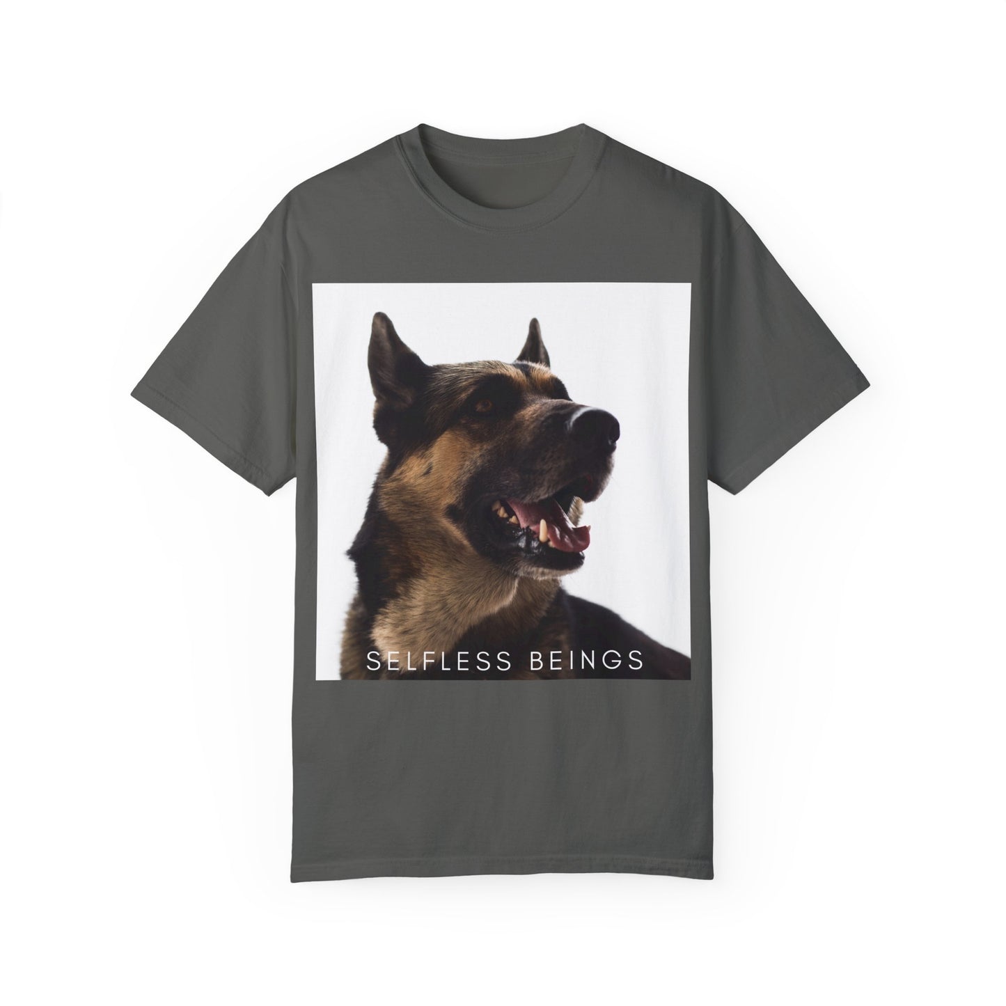 Unisex Dog Lover T-Shirt With Close Up of Large German Shepherd Turning His Face and Caption Selfless Beings