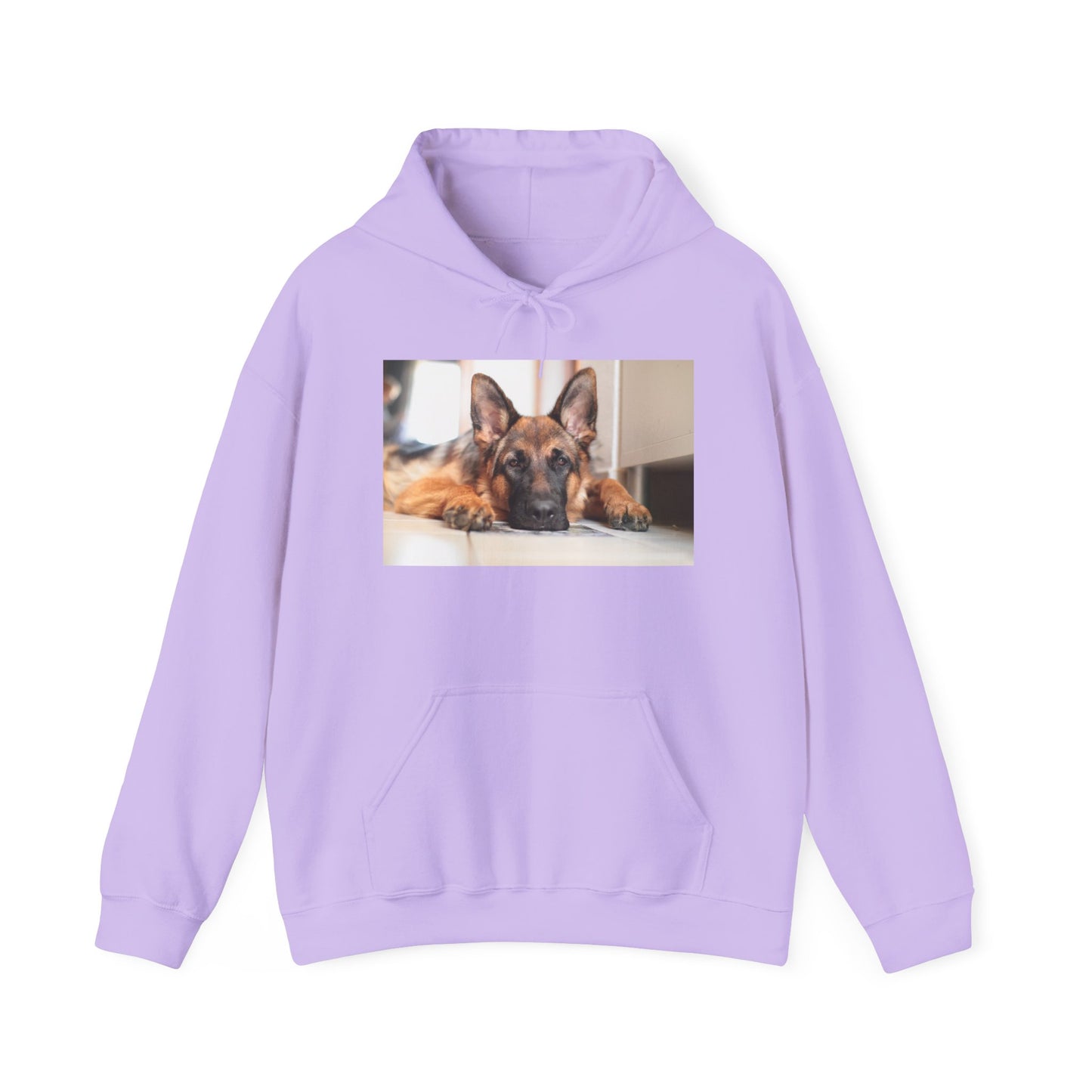 A Unisex Hoodie With a German Shepherd Lying His Head on the Floor