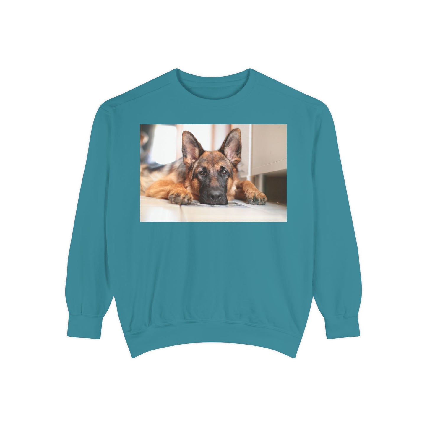 Unisex Dog Lover Sweatshirt With a German Shepherd Lying His Head on the Floor