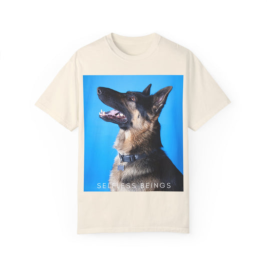 Unisex Dog Lover T-Shirt With Close Up Portrait of German Shepherd from Side Angle, Having Blue Background and Caption Selfless Beings