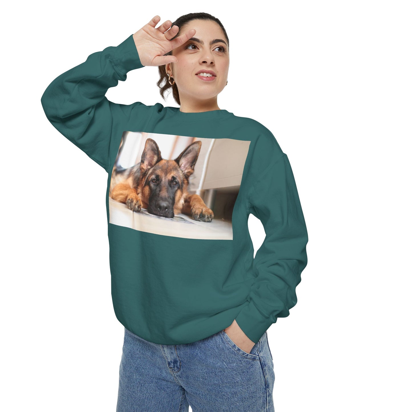 Unisex Dog Lover Sweatshirt With a German Shepherd Lying His Head on the Floor