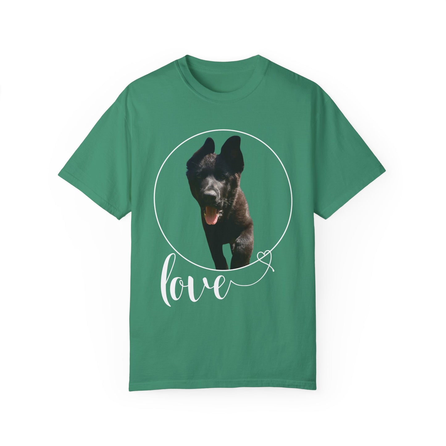 Unisex Dog Lover T-Shirt With Solid Black German Shepherd Walking On a Grass and Text Love