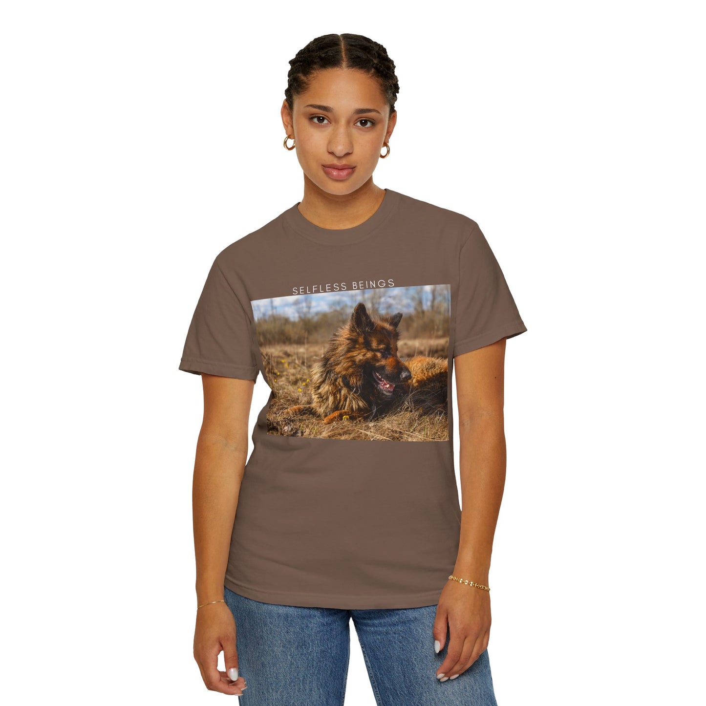 Unisex Dog Lover T-Shirt With a German Shepherd Lying on the Dry Grass in Spring and Caption Selfless Beings