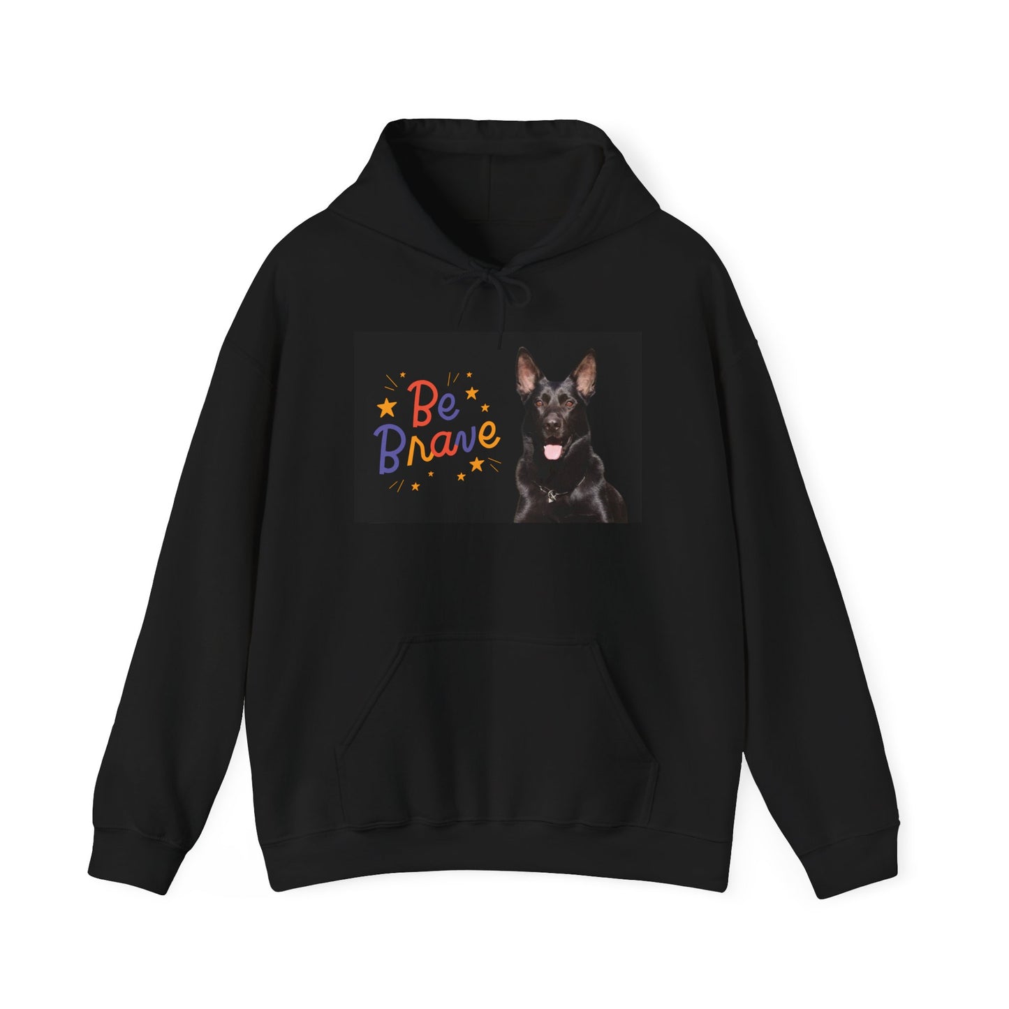 A Unisex Dog Lover Hoodie With Close Up of Solid Black German Shepherd and Caption Be Brave