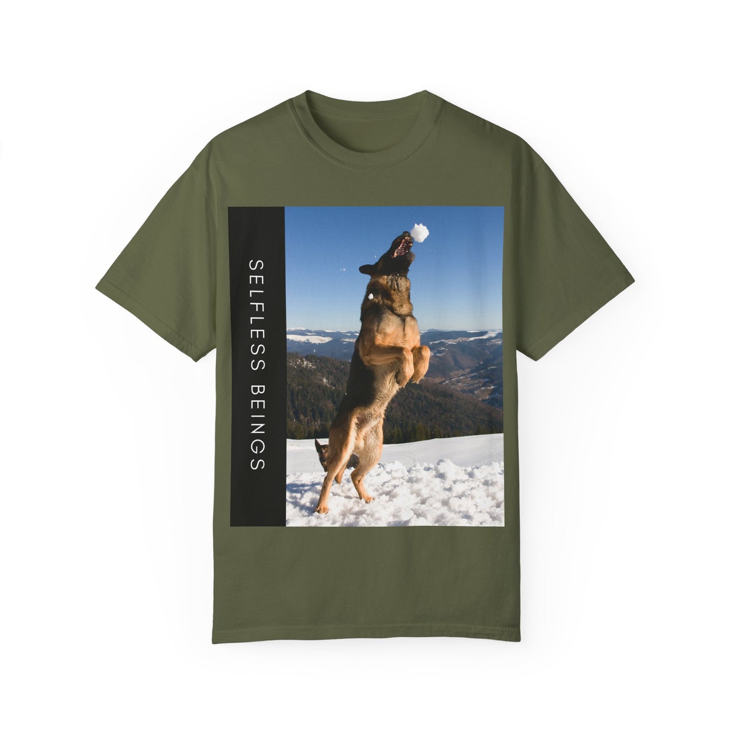 Unisex Dog Lover T-Shirt With a German Shepherd Jumps Upward to Catch a Small Snowball With Mouth and Caption Selfless Beings