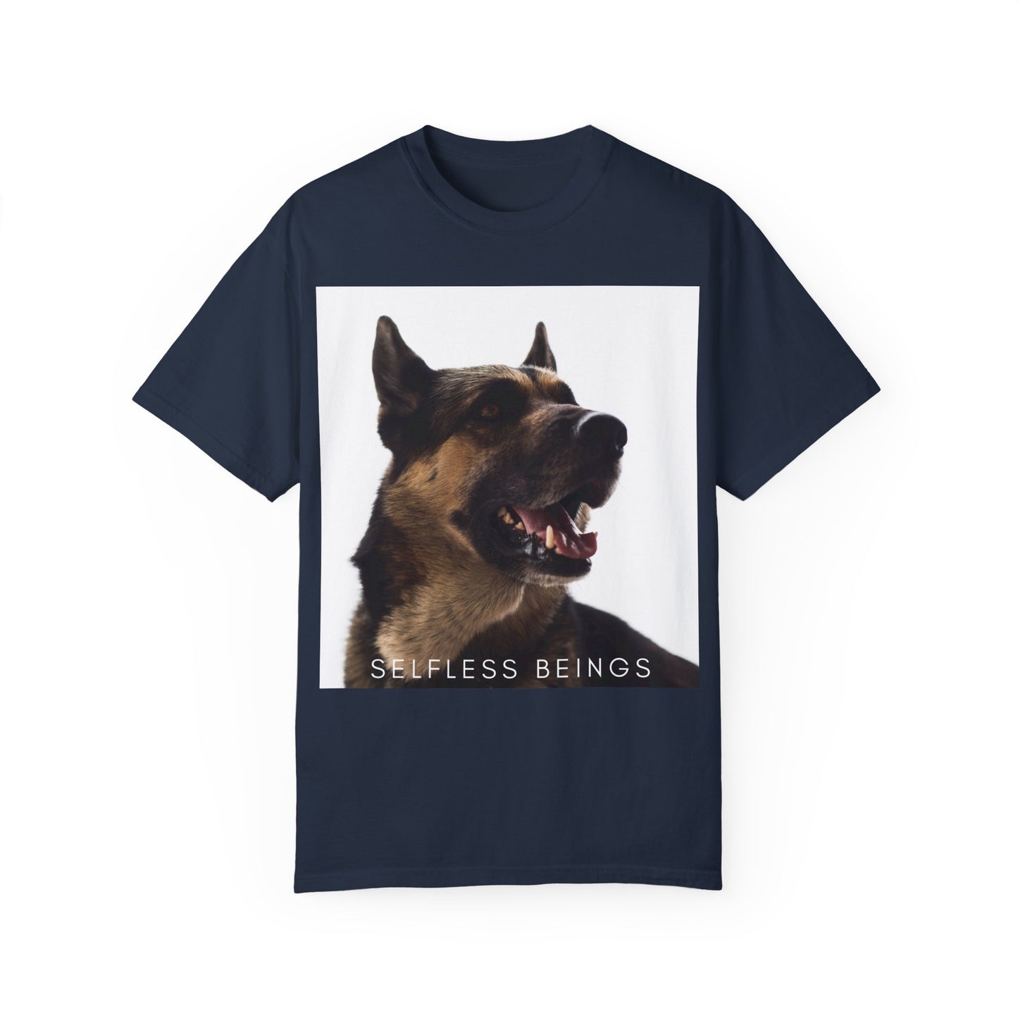 Unisex Dog Lover T-Shirt With Close Up of Large German Shepherd Turning His Face and Caption Selfless Beings
