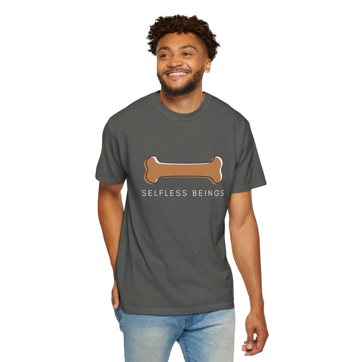Unisex Dog Lover T-shirt With Graphic of a Dog Bone and Caption Selfless Beings