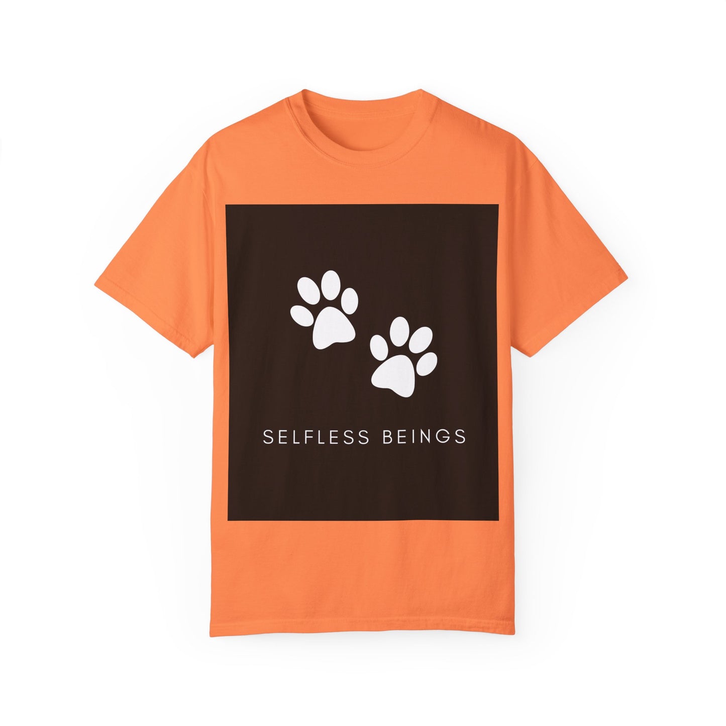 Unisex Dog Lover T-Shirt With White Dog Paw Prints and Caption Selfless Beings