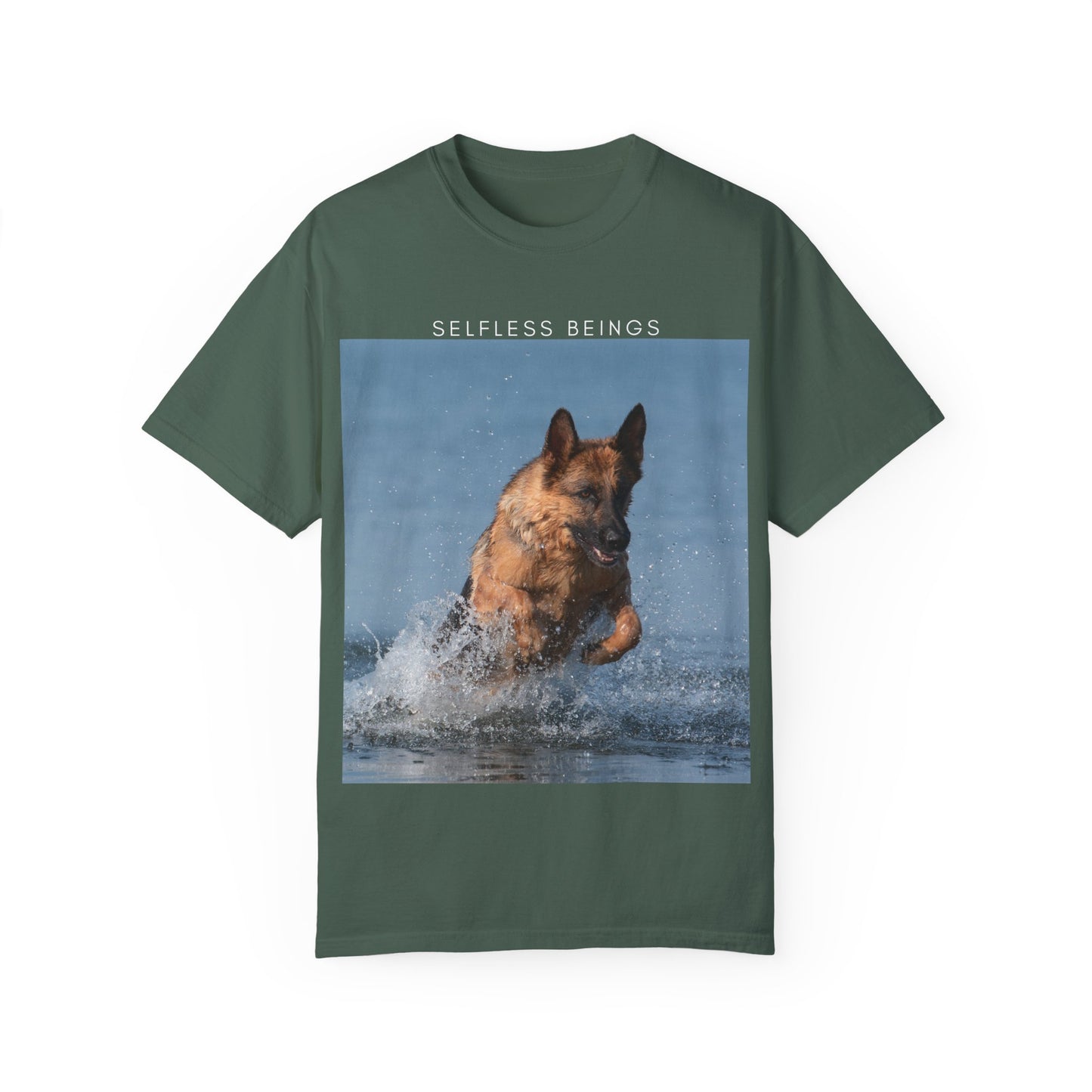 Unisex Dog Lover T-Shirt With Showline German Shepherd Swimming in the Sea and Caption Selfless Beings on Top