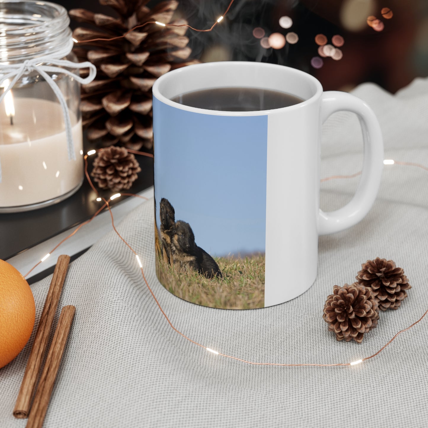 White Ceramic Dog Lover Mug With a German Shepherd and Two Puppies