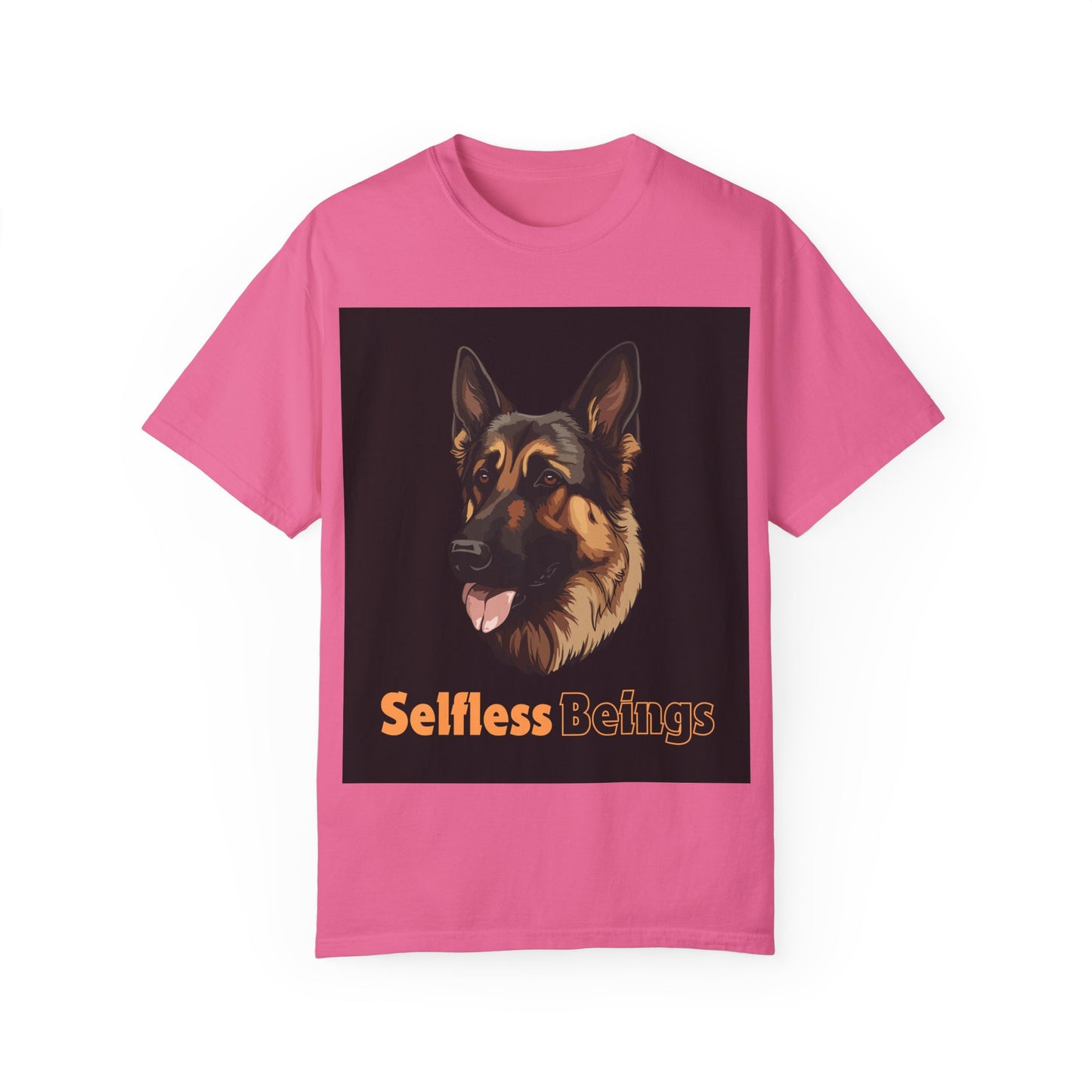 Unisex Dog Lover T-Shirt With Close Up Graphic of German Shepherd and Caption Selfless Beings is Written with Text Effect in Light Orange