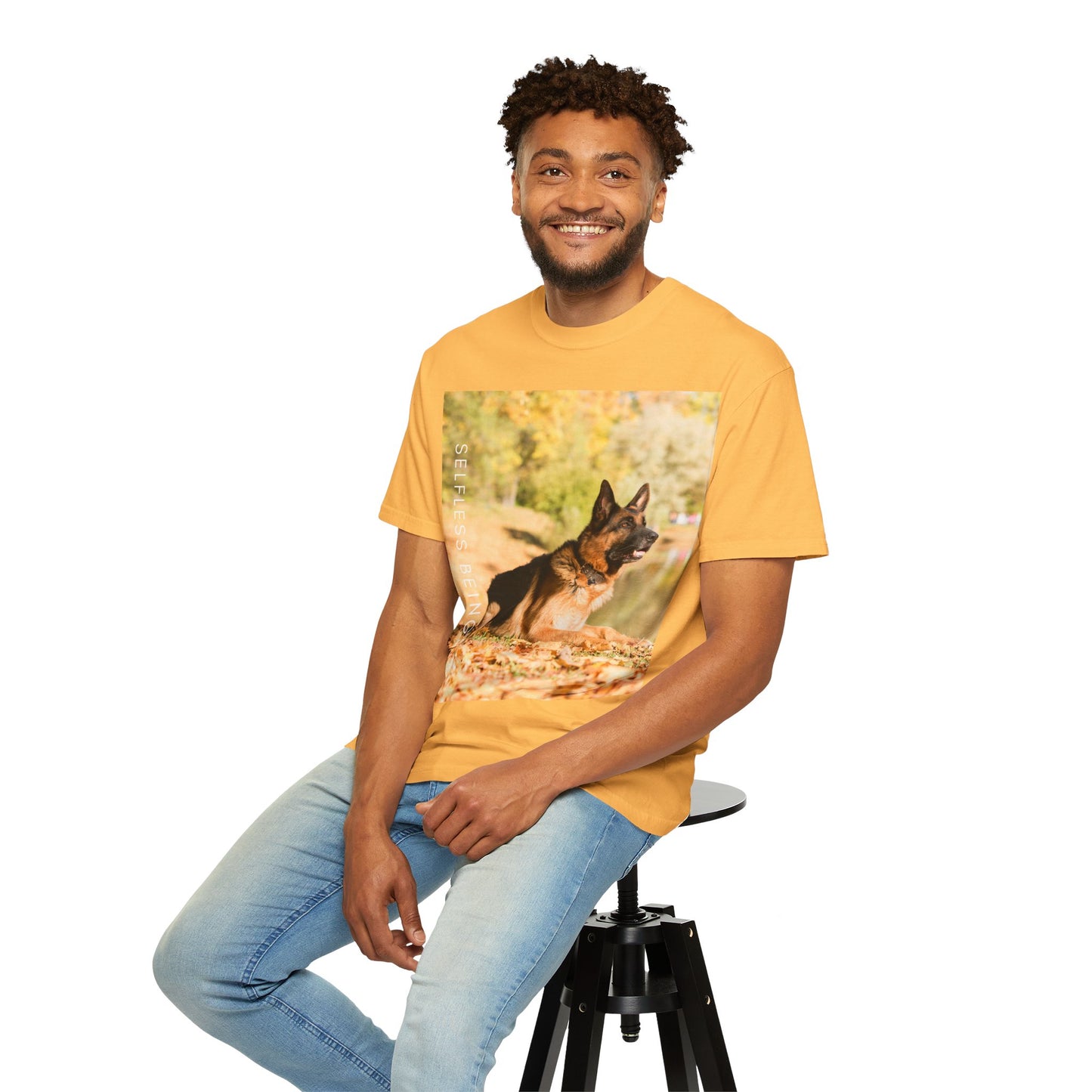 Unisex Dog Lover T-Shirt With a German Shepherd Resting in the Autumn Park on Leaves Near a Pond and Caption Selfless Beings