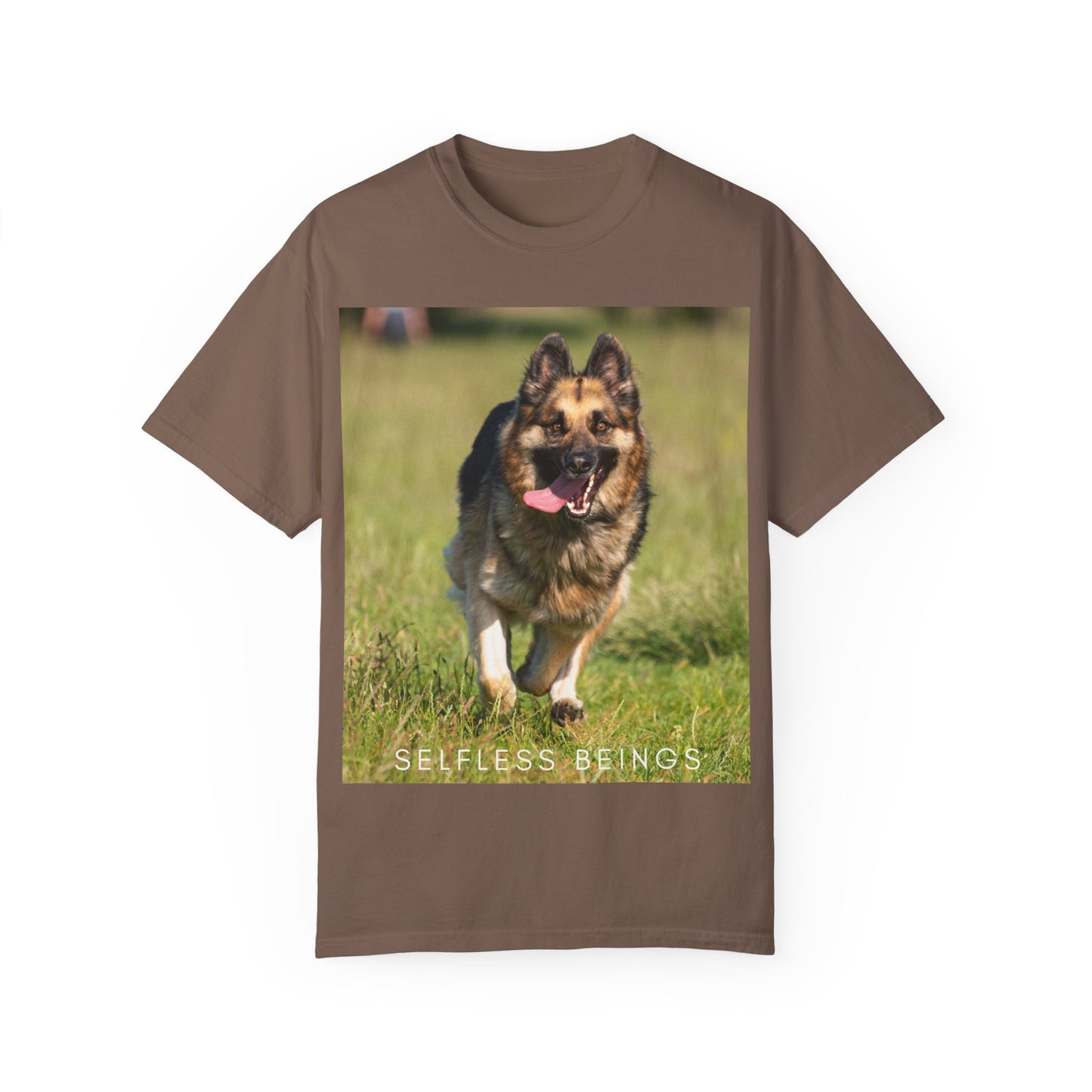Unisex Dog Lover T-Shirt With Beautiful German Shepherd Running on the Field Leaving Tongue Out and Caption Selfless Beings