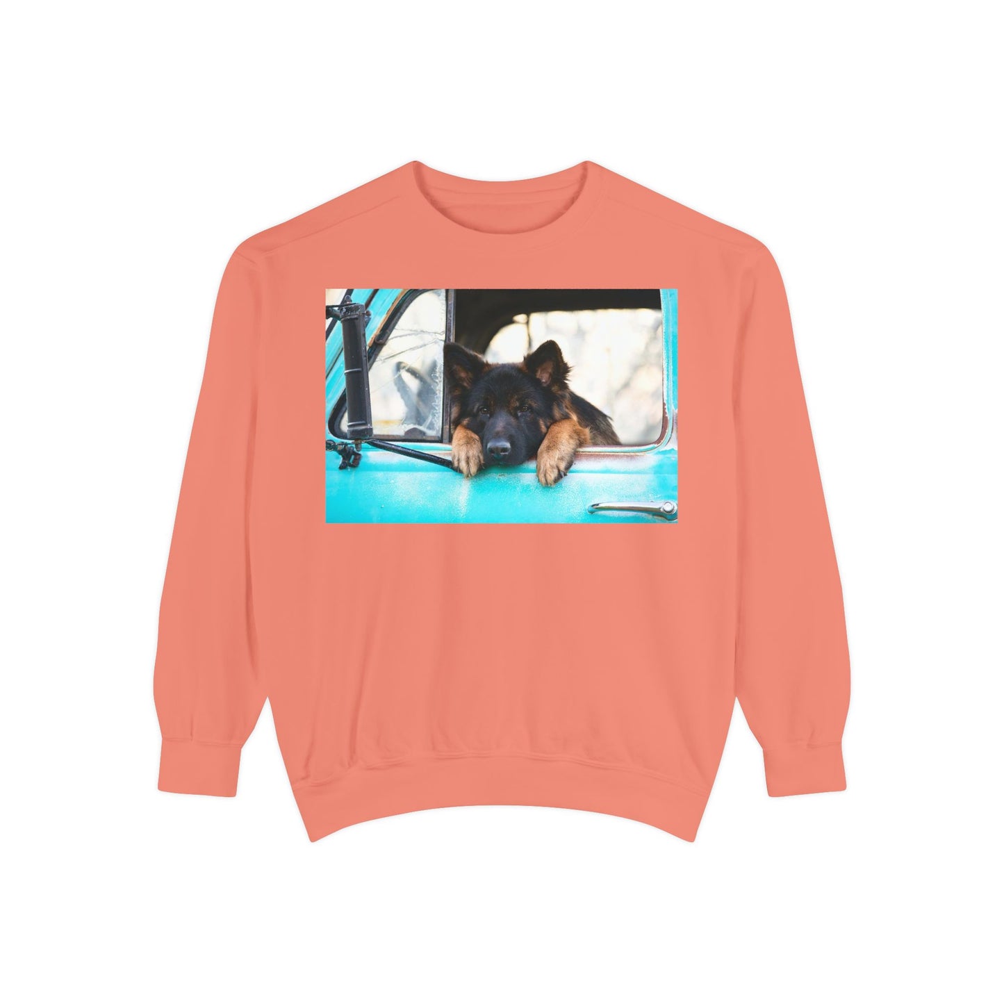 Unisex Dog Lover Sweatshirt With a German Shepherd Puppy Putting His Head and Front Legs On The Truck Seat's Window